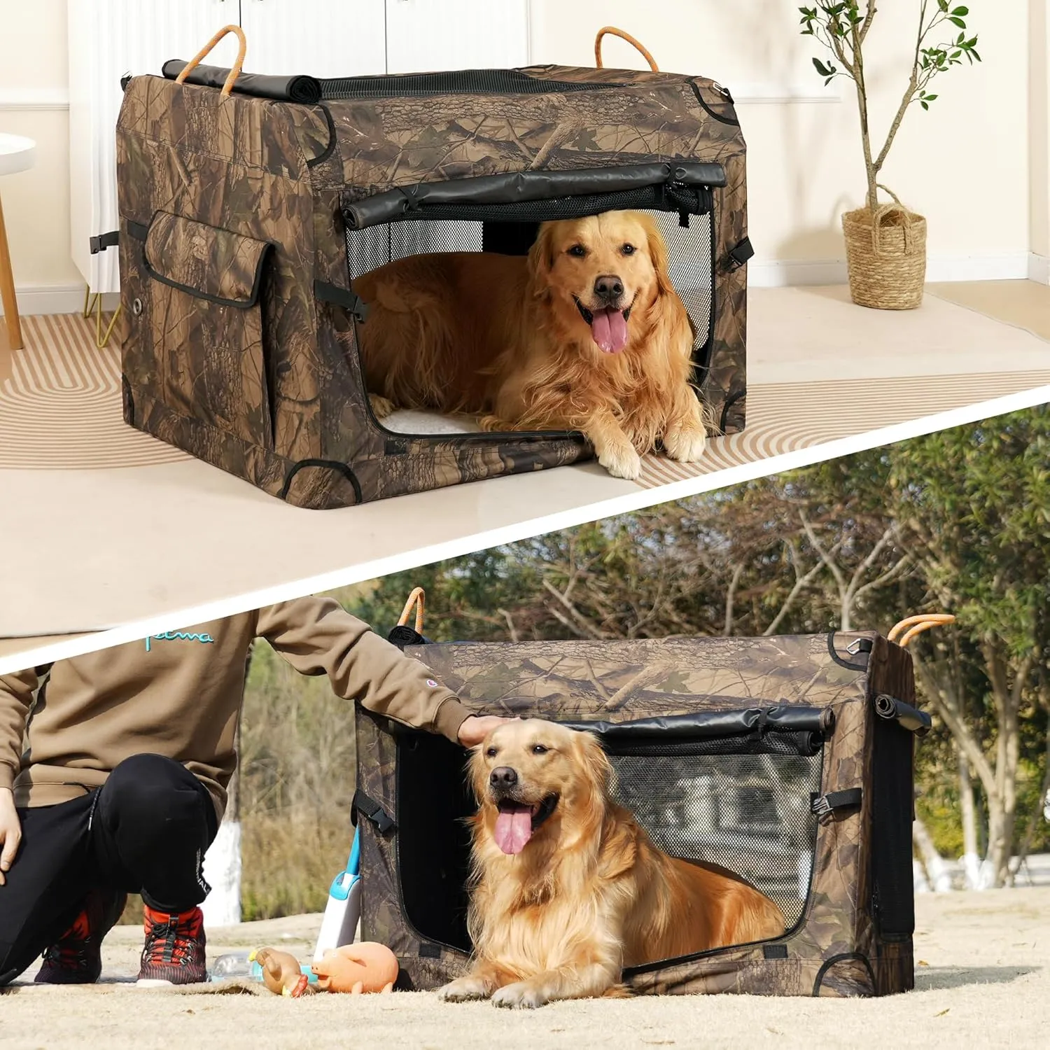 KOOPRO 32 Inch Collapsible Dog Crate, Portable Soft-Sided Dog Travel Carrier Camouflage Style Pet Kennel 4-Door with Durable Mesh Windows, Washable Mat, Indoor & Outdoor for Small Medium Large Dogs