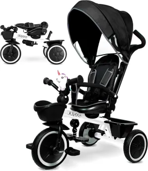 KRIDDO 7-in-1 Tricycle Stroller for Toddlers 18 Months to 5 Years, Adjustable Push Handle, Rotatable Seat, Cup Holder and Retractable Canopy, Folding Baby Trike w/Detachable Guardrail, Footrest, WH