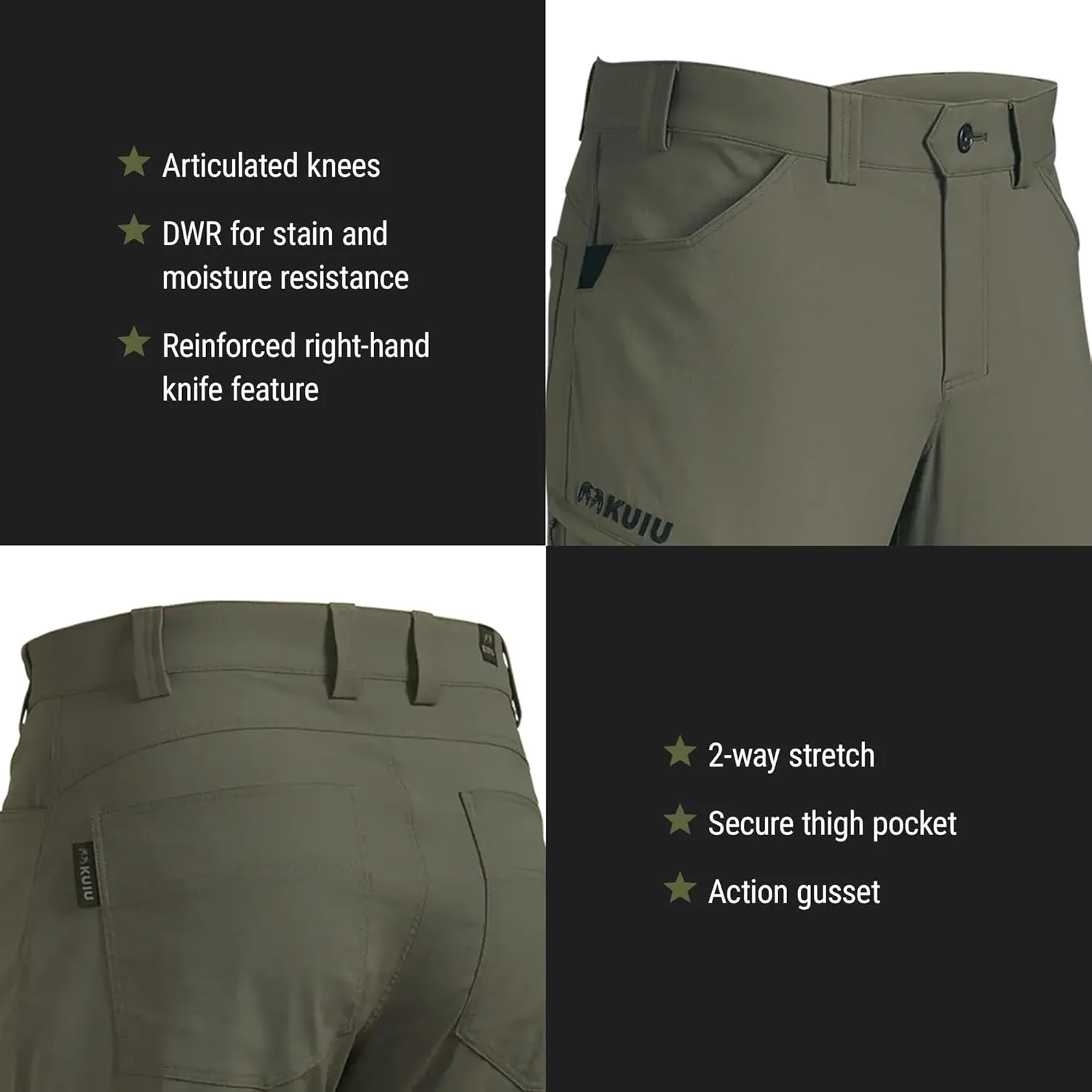 KUIU Switchback Pant - Water & Stain Resistant, 2-Way Stretch, Reinforced Knife Pocket, Durable & Versatile for Hiking