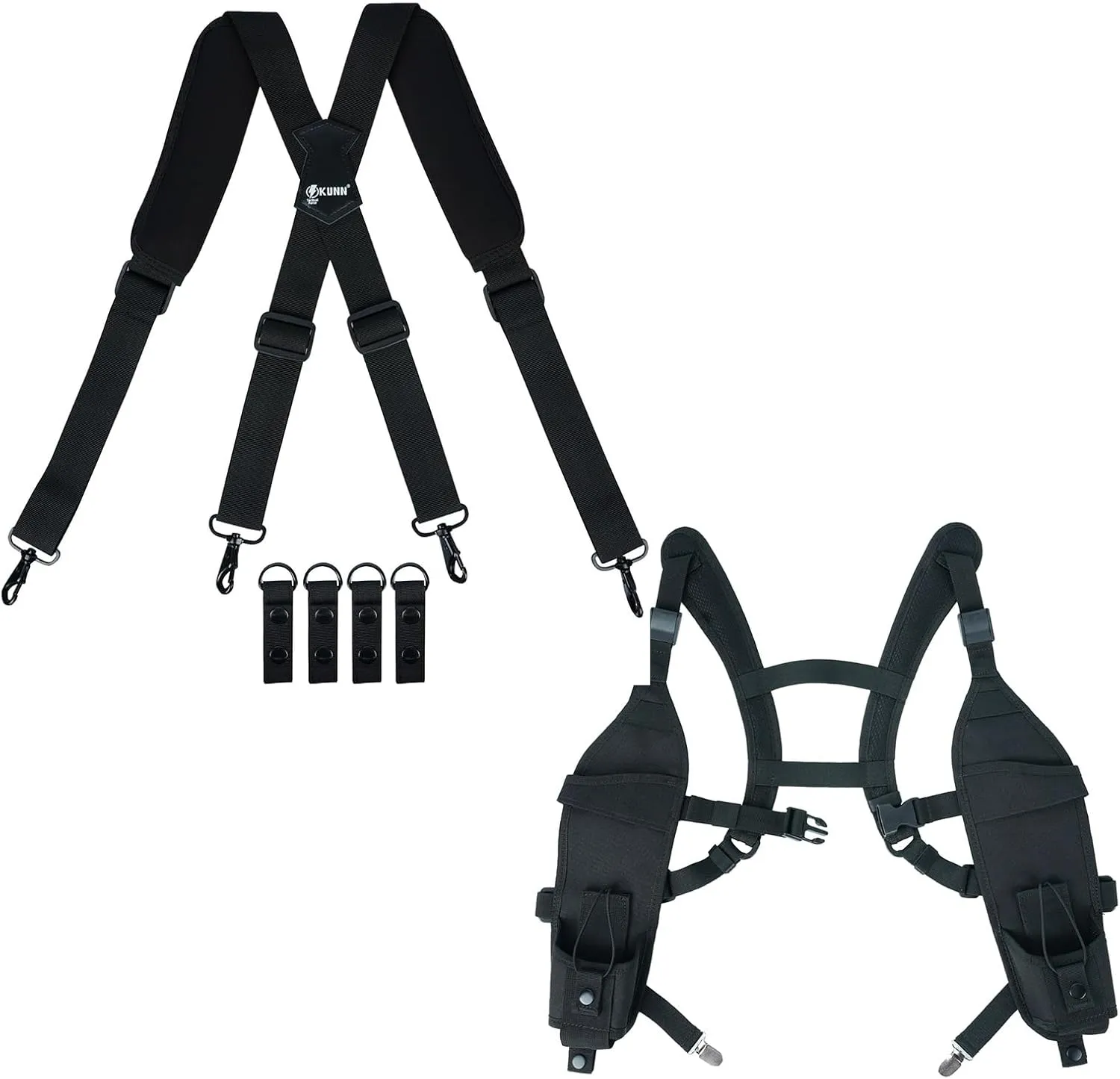 KUNN Tactical Duty Belt Suspenders with Metal Hook,Men Padded Police Harness for Duty Belt,Black   Radio Holster with Chest Buckle,Double Shoulder Radio Harness Walkie Talkie Holder Shoulder Holster