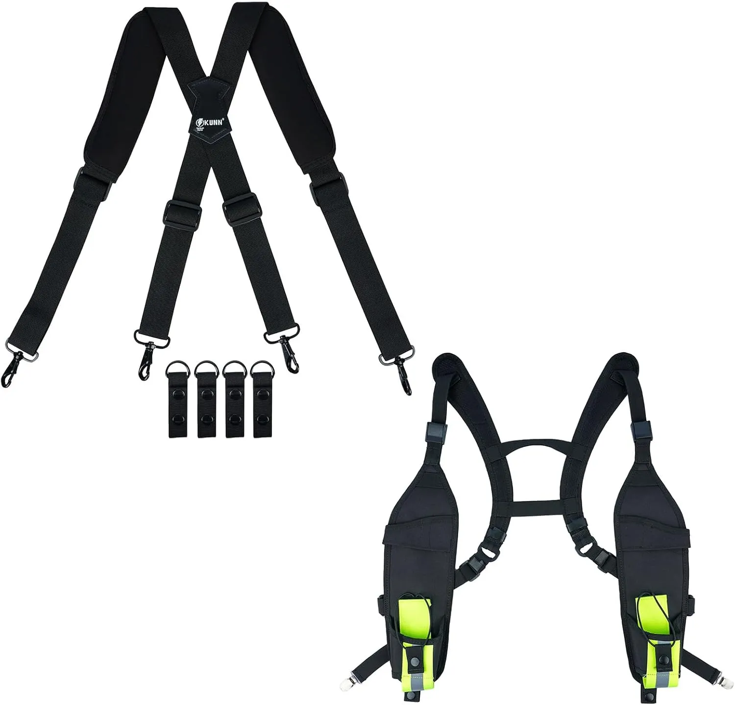 KUNN Tactical Duty Belt Suspenders with Metal Hook,Men Padded Police Harness for Duty Belt,Black   Universal Double Radio Shoulder Harness Holster with Reflective Pocket
