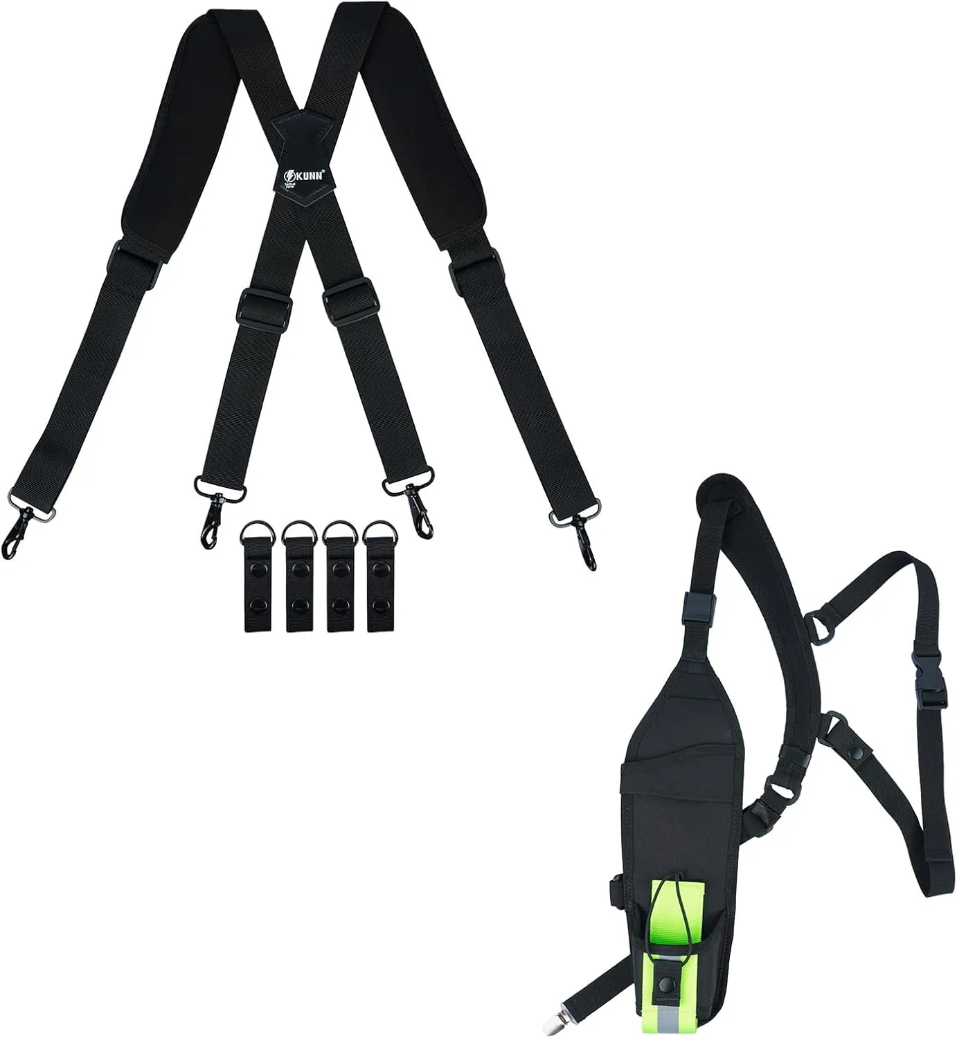 KUNN Tactical Duty Belt Suspenders with Metal Hook,Men Padded Police Harness for Duty Belt,Black   Universal Right Side Radio Shoulder Harness Holster with Reflective Pocket