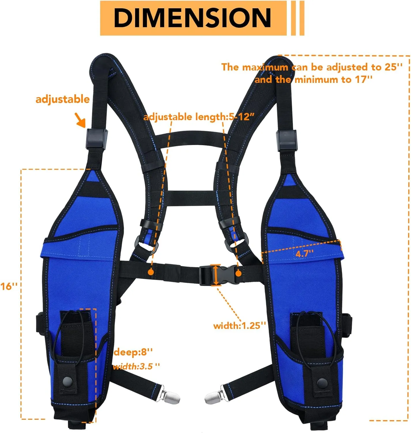 KUNN Universal Double Radio Shoulder Holster with Chest Buckle,Two Way Radio Holder with Belt Clip,Radio Harness for BaoFeng,Motorola,Walkie Talkie Holder for Firefighter,Police(Blue,Double)