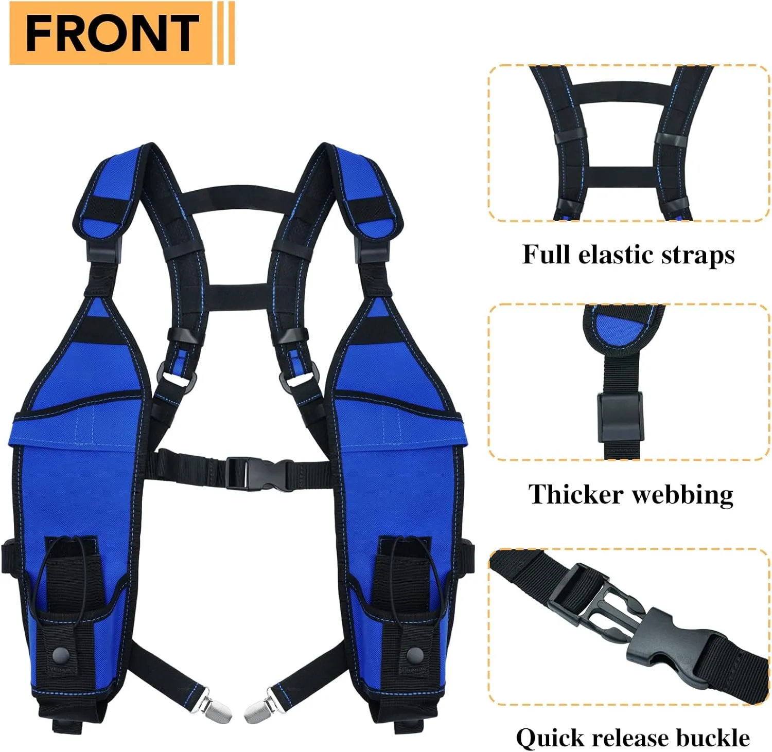KUNN Universal Double Radio Shoulder Holster with Chest Buckle,Two Way Radio Holder with Belt Clip,Radio Harness for BaoFeng,Motorola,Walkie Talkie Holder for Firefighter,Police(Blue,Double)