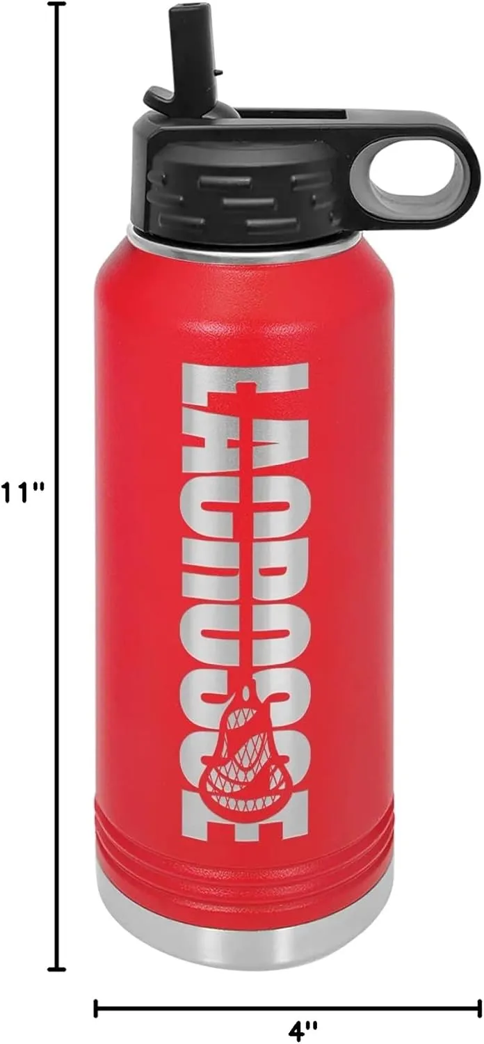 Lacrosse Water Bottle - Lacrosse Gift - 32oz Insulated Engraved Stainless Steel Flip Top with Straw Red