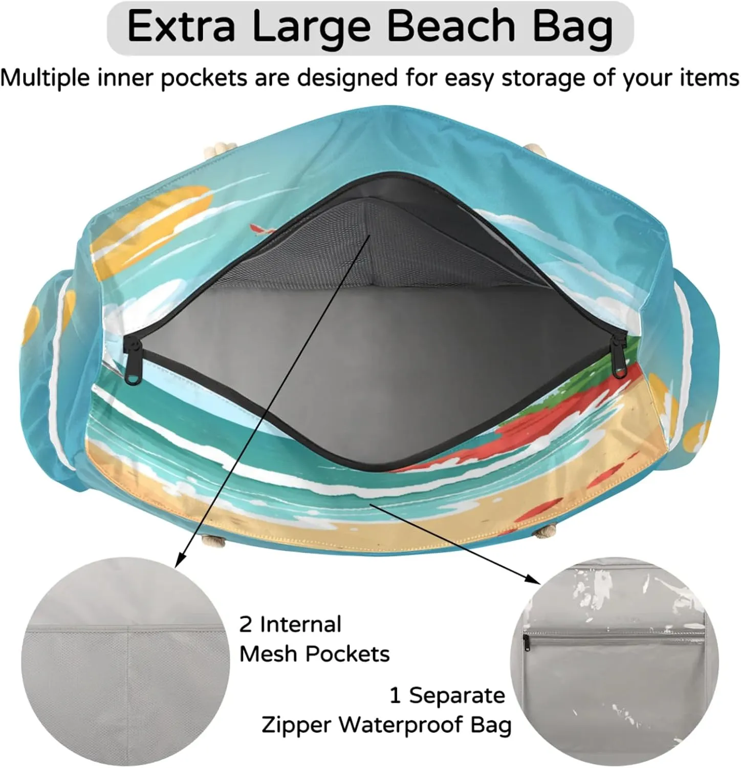 Large Beach Tote Bags with Zipper, Beach Bag for Women, Waterproof Sandproof Pool Swim Bags, Travel Tote Bag