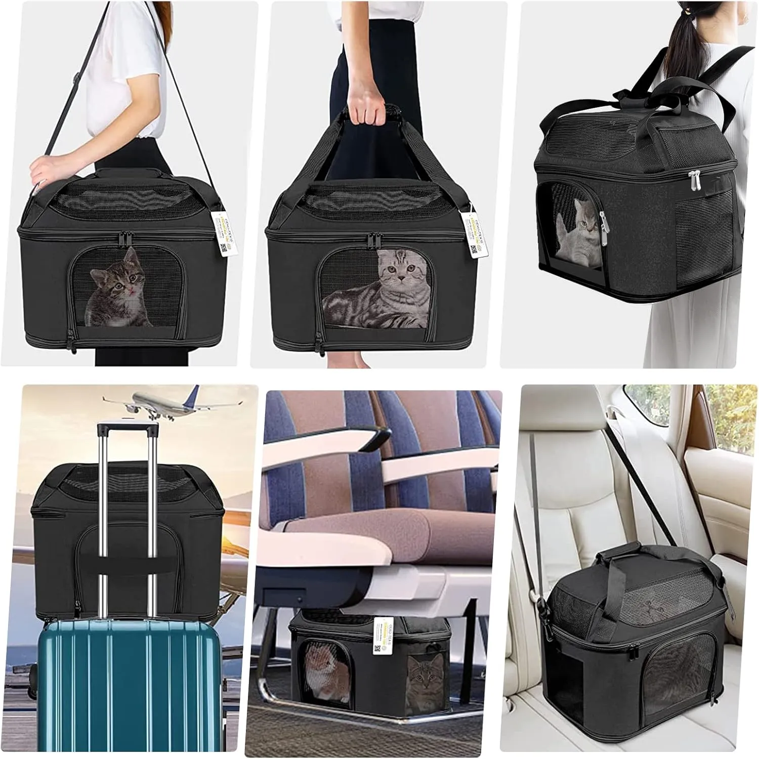 Large Cat Carrier for 2 Cats, Soft Side Carrier for Kitten Puppy, Collapsible Travel Dog Carrier TSA Airline Approved Cat Carrier Backpack for 20 lbs Pets,Black
