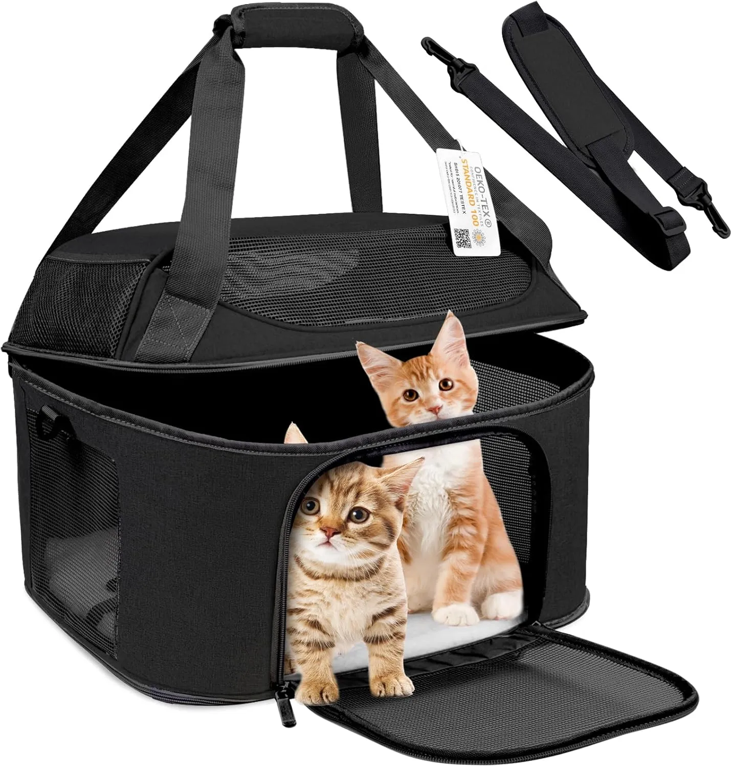 Large Cat Carrier for 2 Cats, Soft Side Carrier for Kitten Puppy, Collapsible Travel Dog Carrier TSA Airline Approved Cat Carrier Backpack for 20 lbs Pets,Black
