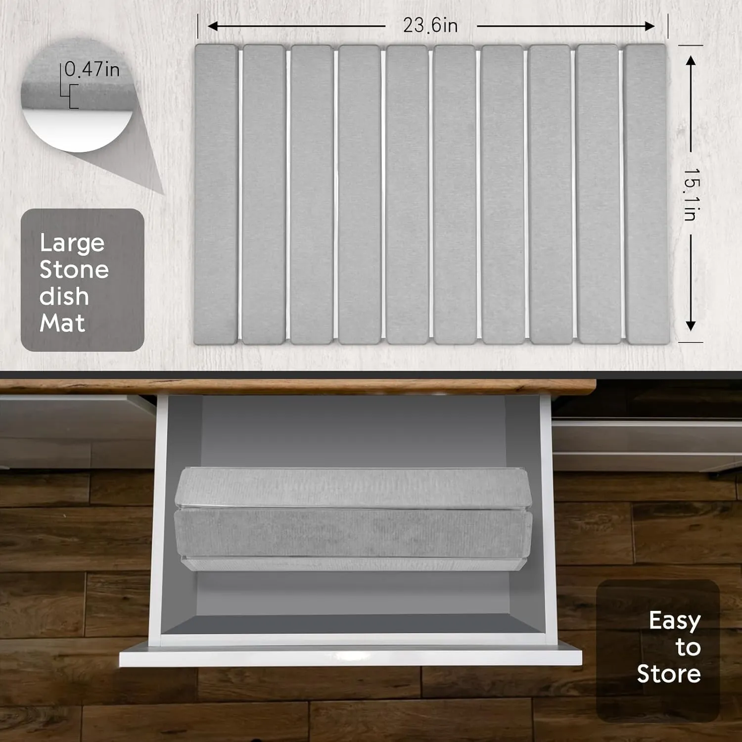 Large Stone Dish Drying Mats for Kitchen Counter, 24"(L)×16"(W) Collapsible Quick Dry Dish Drying Mat, Eco-Friendly Absorbent Diatomaceous Earth Mat for Dishes Bottles Cups, Match Any Countertop
