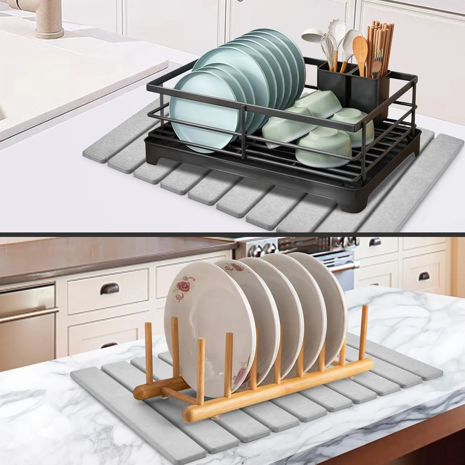 Large Stone Dish Drying Mats for Kitchen Counter, 24"(L)×16"(W) Collapsible Quick Dry Dish Drying Mat, Eco-Friendly Absorbent Diatomaceous Earth Mat for Dishes Bottles Cups, Match Any Countertop
