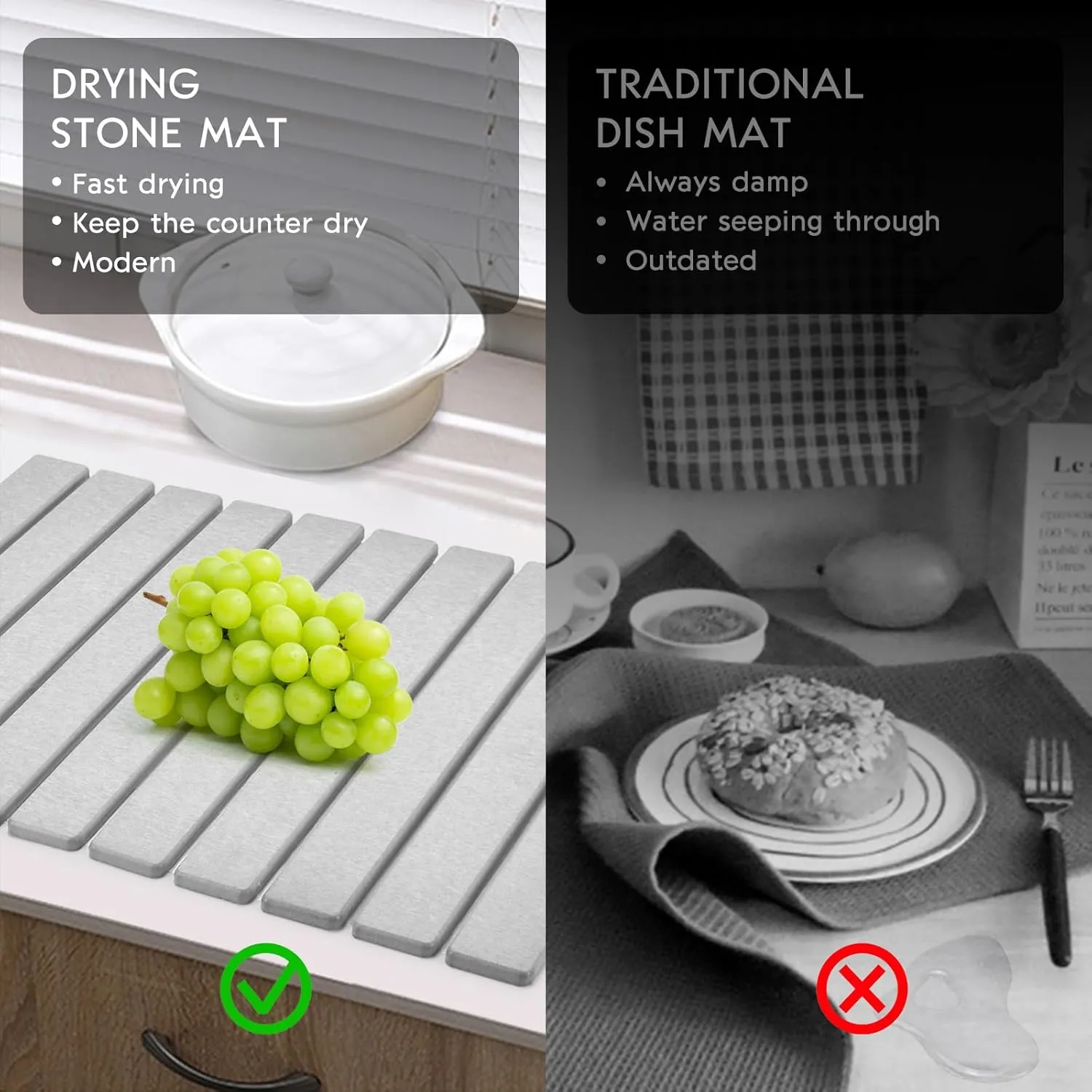 Large Stone Dish Drying Mats for Kitchen Counter, 24"(L)×16"(W) Collapsible Quick Dry Dish Drying Mat, Eco-Friendly Absorbent Diatomaceous Earth Mat for Dishes Bottles Cups, Match Any Countertop