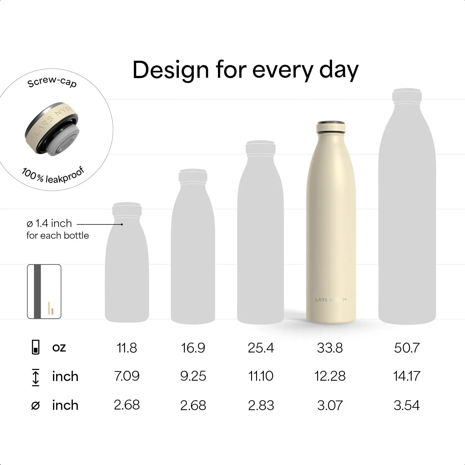 LARS NYSØM Stainless Steel Insulated Water Bottle 12oz 17oz 25oz 34oz 51oz | BPA-free Insulated Thermo Flask for Hot and Cold Beverages | Leakproof Drinking Bottle