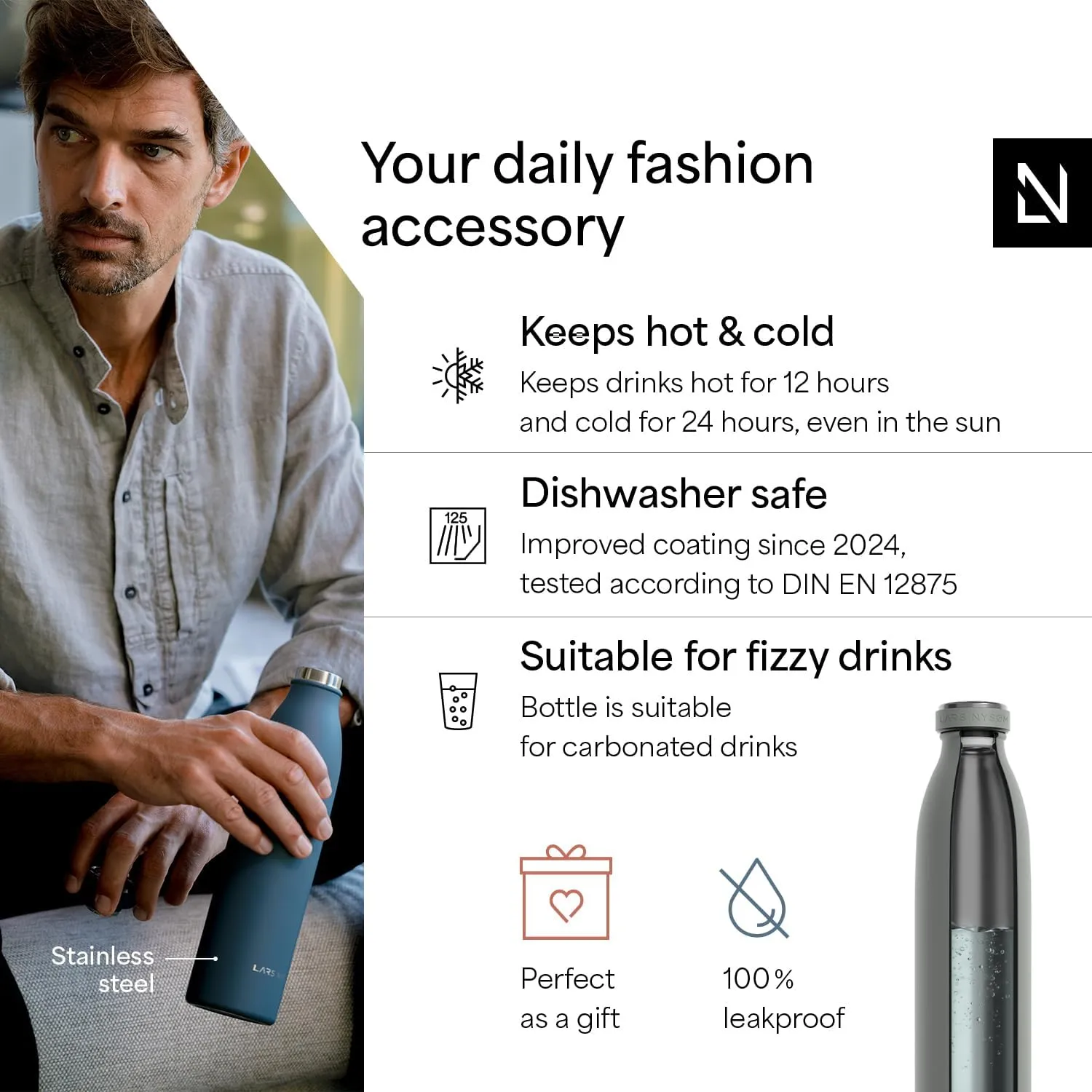 LARS NYSØM Stainless Steel Insulated Water Bottle 12oz 17oz 25oz 34oz 51oz | BPA-free Insulated Thermo Flask for Hot and Cold Beverages | Leakproof Drinking Bottle