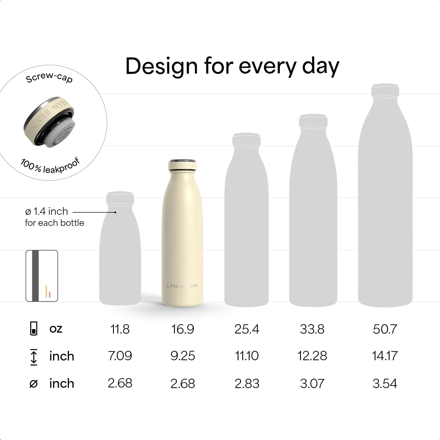 LARS NYSØM Stainless Steel Insulated Water Bottle 12oz 17oz 25oz 34oz 51oz | Insulated Thermo Flask for Hot and Cold Beverages | Leakproof Drinking Bottle (Stainless Steel, 17oz)
