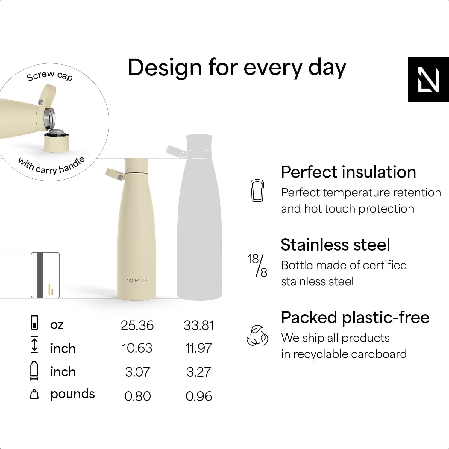 LARS NYSØM Stainless Steel Insulated Water Bottle 25oz 34oz | Insulated Thermo Flask for Hot and Cold Beverages | Leakproof Drinking Bottle (Sky Blue, 25.4oz)