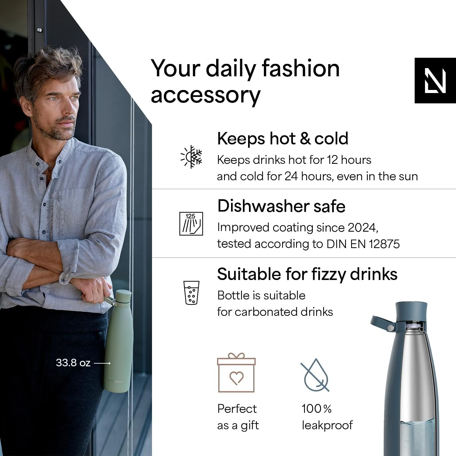 LARS NYSØM Stainless Steel Insulated Water Bottle 25oz 34oz | Insulated Thermo Flask for Hot and Cold Beverages | Leakproof Drinking Bottle (Stone Blue, 33.9oz)