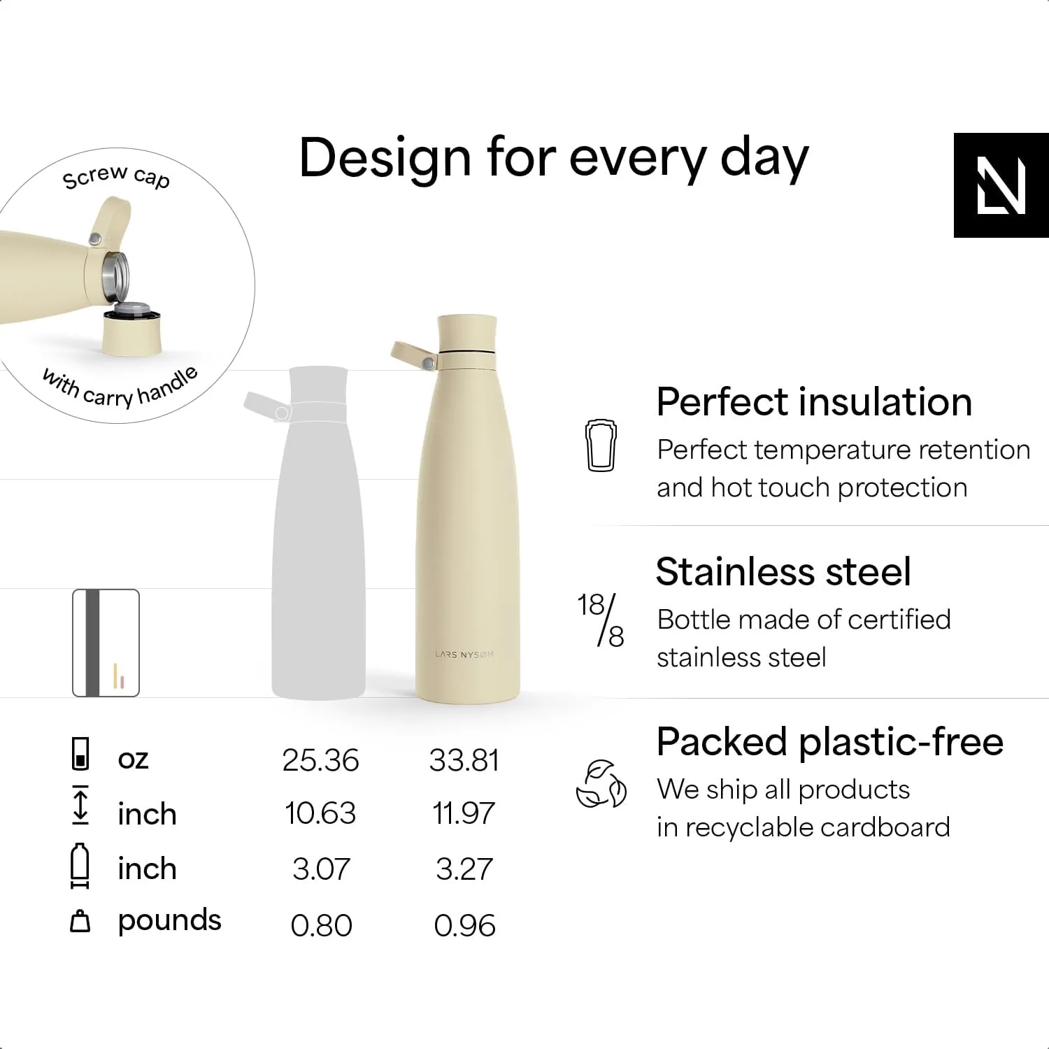LARS NYSØM Stainless Steel Insulated Water Bottle 25oz 34oz | Insulated Thermo Flask for Hot and Cold Beverages | Leakproof Drinking Bottle (Stone Blue, 33.9oz)