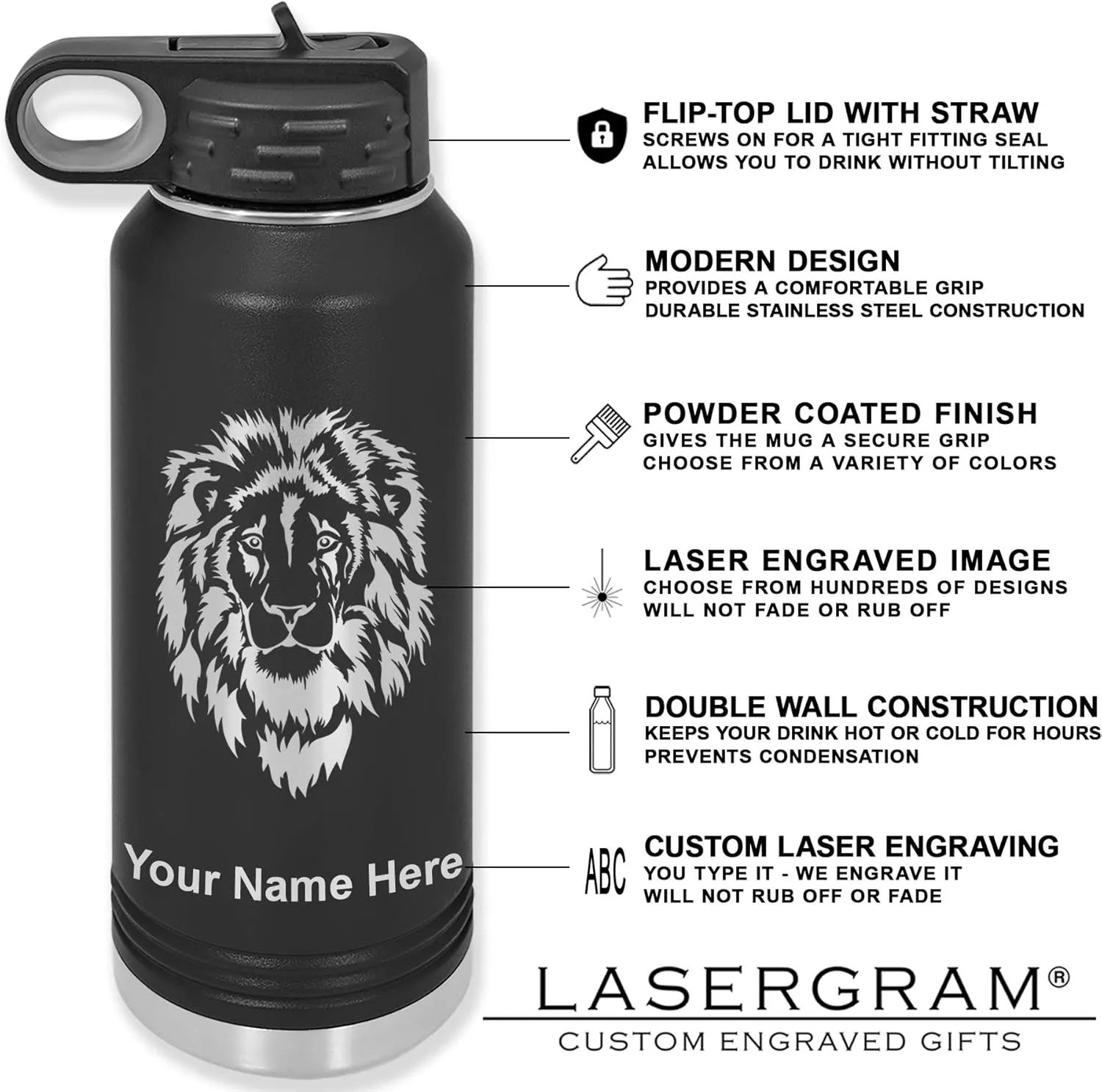 LaserGram Personalized Water Bottle, Great White Shark, Stainless Steel Double Wall Vacuum Insulated with Flip Top Straw, Custom Engraved Gift (40oz / 1180ml Black)