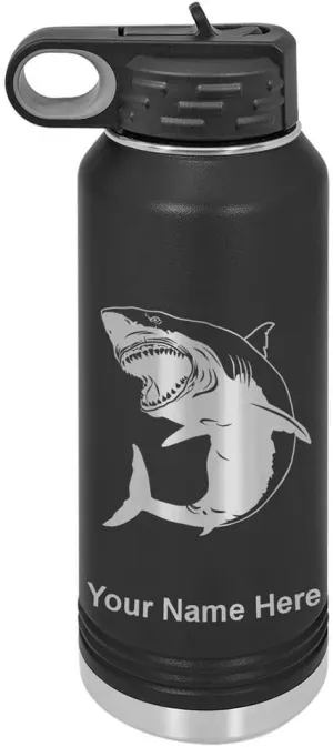 LaserGram Personalized Water Bottle, Great White Shark, Stainless Steel Double Wall Vacuum Insulated with Flip Top Straw, Custom Engraved Gift (40oz / 1180ml Black)