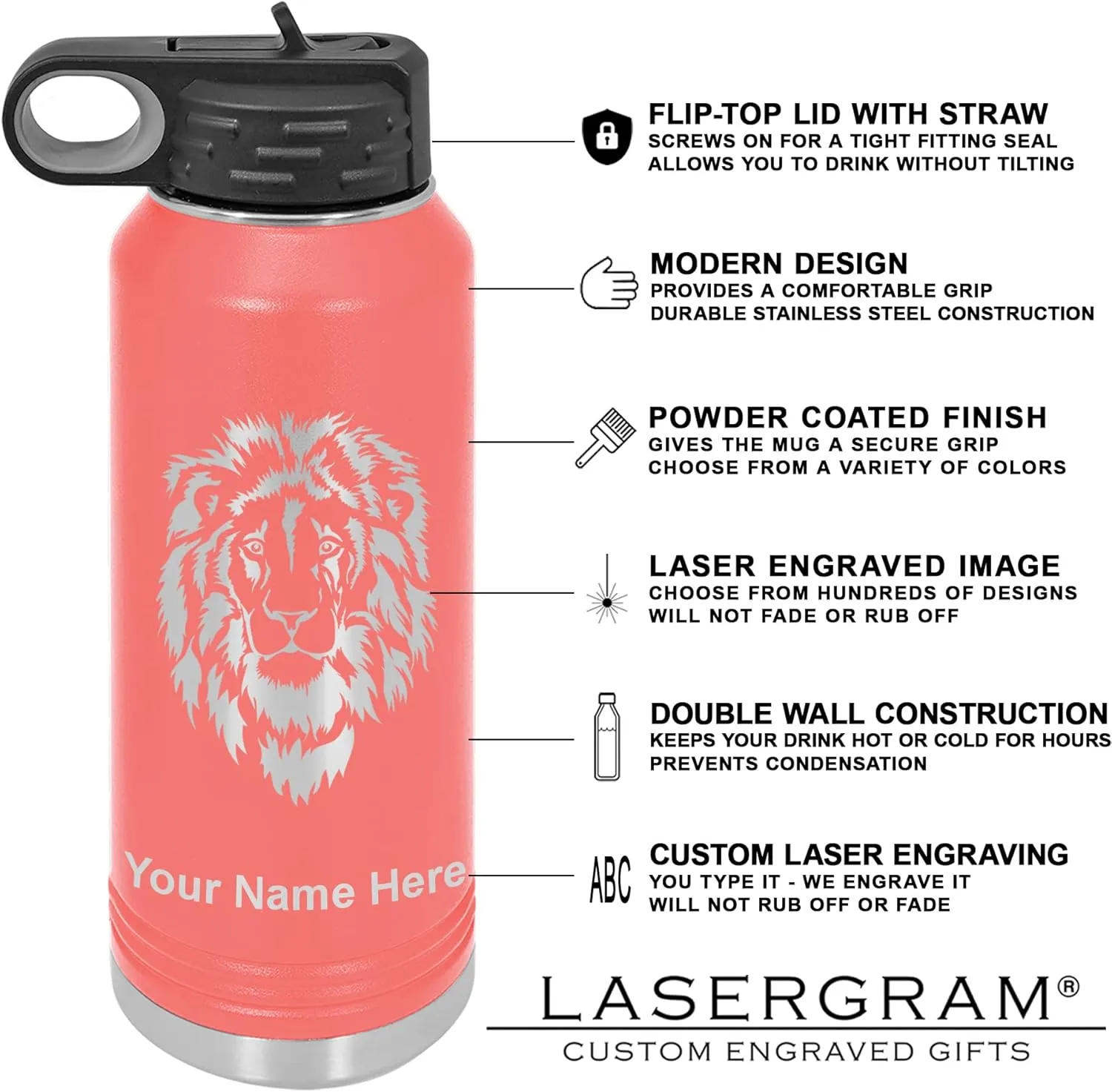 LaserGram Personalized Water Bottle, Motocross, Stainless Steel Double Wall Vacuum Insulated with Flip Top Straw, Custom Engraved Gift (40oz / 1180ml Coral)
