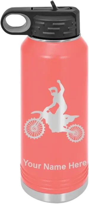 LaserGram Personalized Water Bottle, Motocross, Stainless Steel Double Wall Vacuum Insulated with Flip Top Straw, Custom Engraved Gift (40oz / 1180ml Coral)