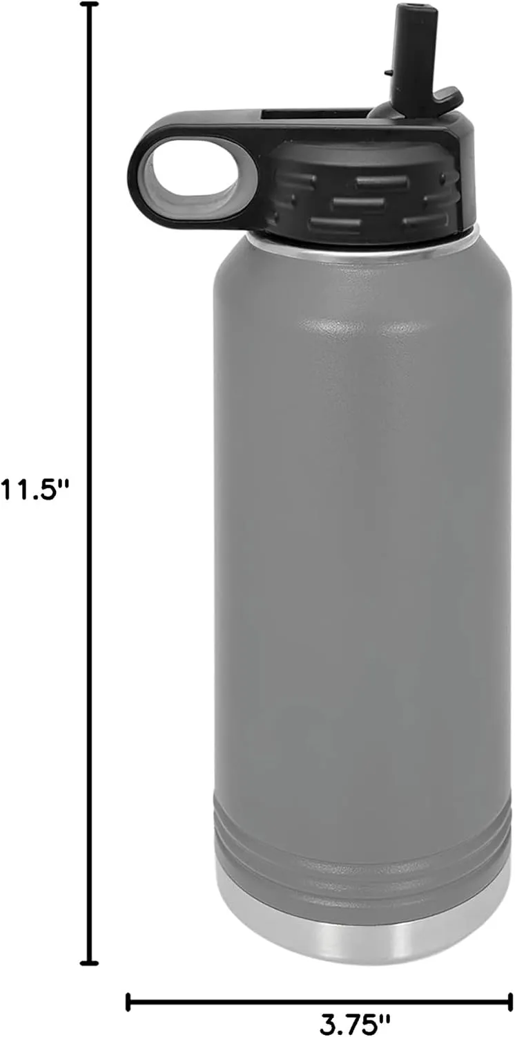 LaserGram Personalized Water Bottle, Tyrannosaurus Rex Dinosaur, Stainless Steel Double Wall Vacuum Insulated with Flip Top Straw, Custom Engraved Gift (40oz / 1180ml Gray)