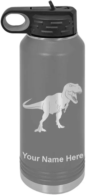 LaserGram Personalized Water Bottle, Tyrannosaurus Rex Dinosaur, Stainless Steel Double Wall Vacuum Insulated with Flip Top Straw, Custom Engraved Gift (40oz / 1180ml Gray)