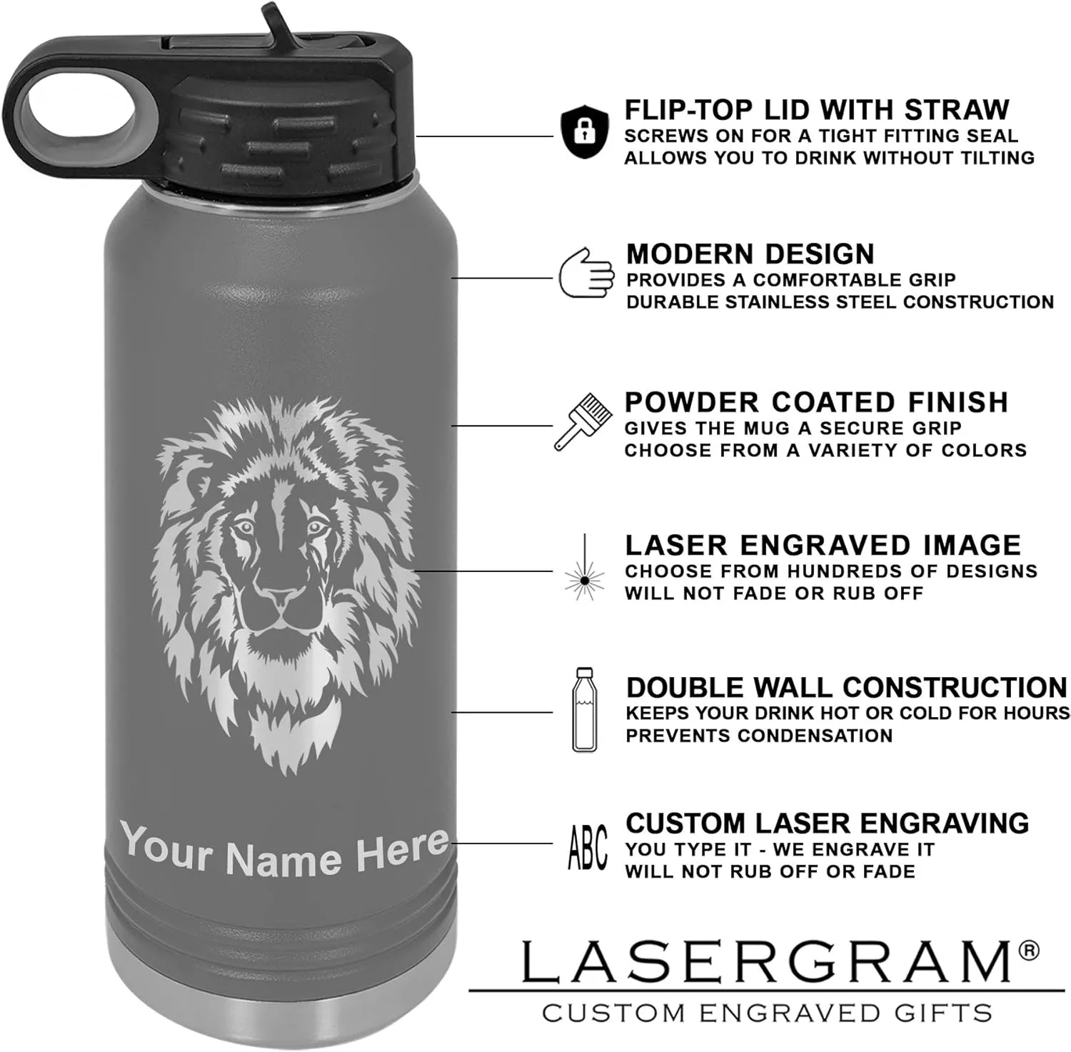 LaserGram Personalized Water Bottle, Tyrannosaurus Rex Dinosaur, Stainless Steel Double Wall Vacuum Insulated with Flip Top Straw, Custom Engraved Gift (40oz / 1180ml Gray)