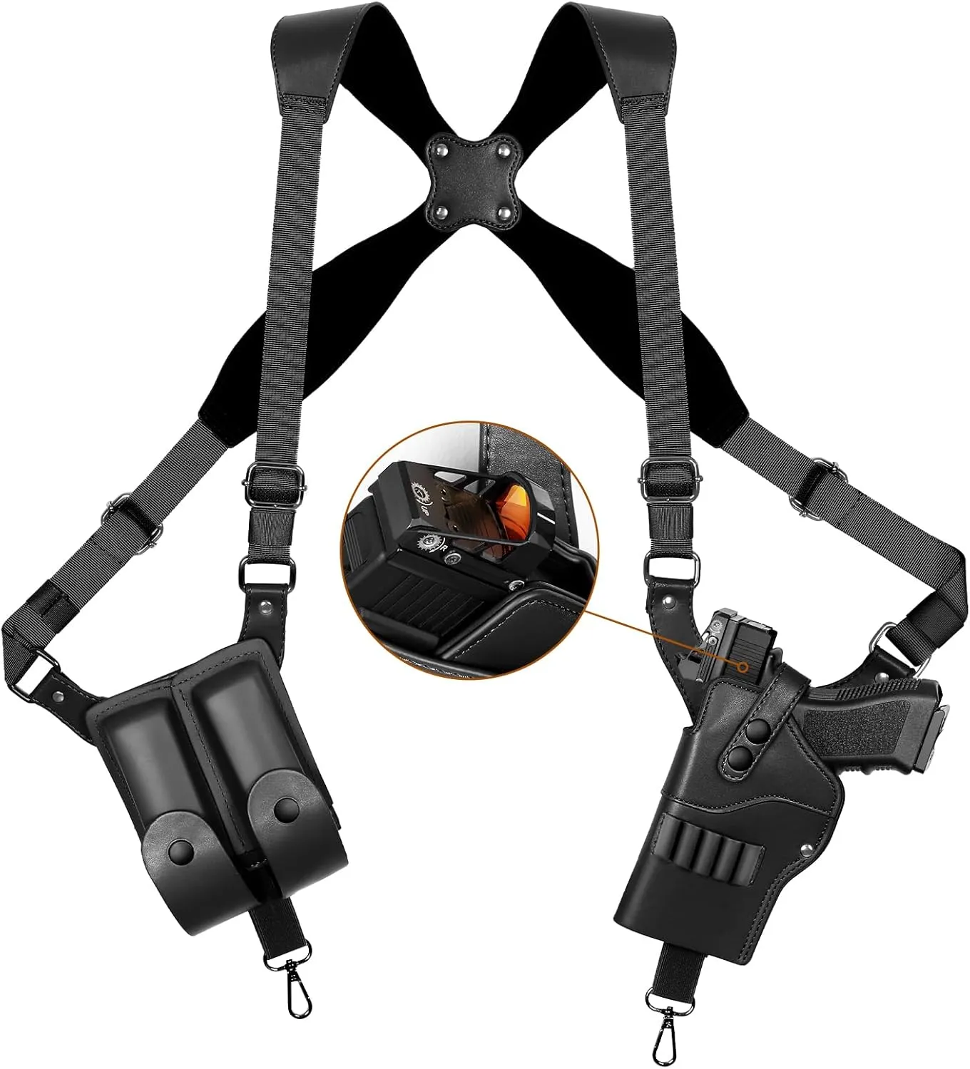 Leather Shoulder Holster for Men, 9mm Shoulder Holster for Concealed Carry, Compatible for 1911, Glock 17/19/23, Beretta 92FS and More Pistols, Right Handed, with Magazine Pouches, Black