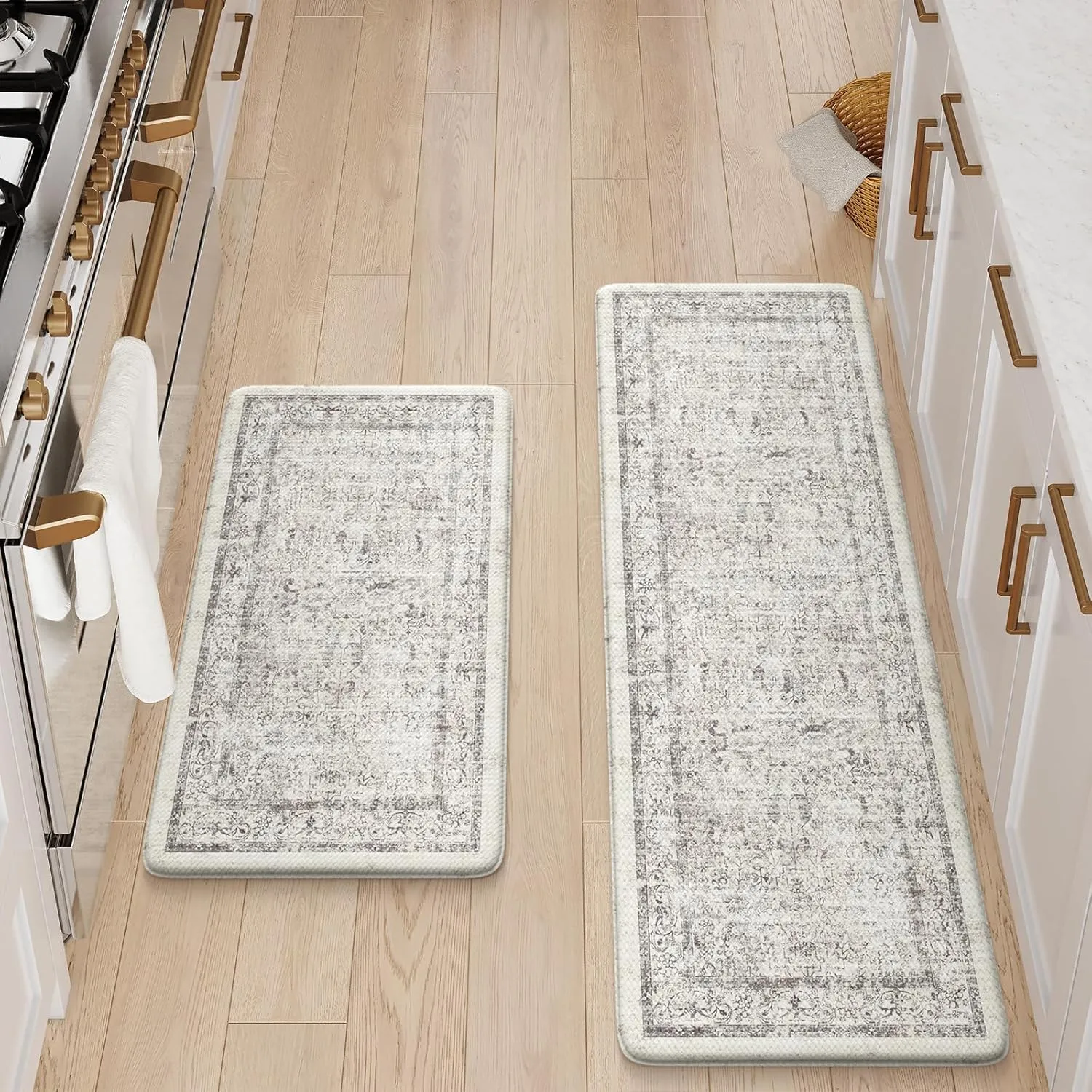 LEEVAN Kitchen Mats for Floor Non-Slip, Cushioned Anti Fatigue Mat 2 Piece, Light Grey Memory Foam Kitchen Mat Waterproof, Ergonomic Standing Mat for Bar, Office,Desk, Laundry