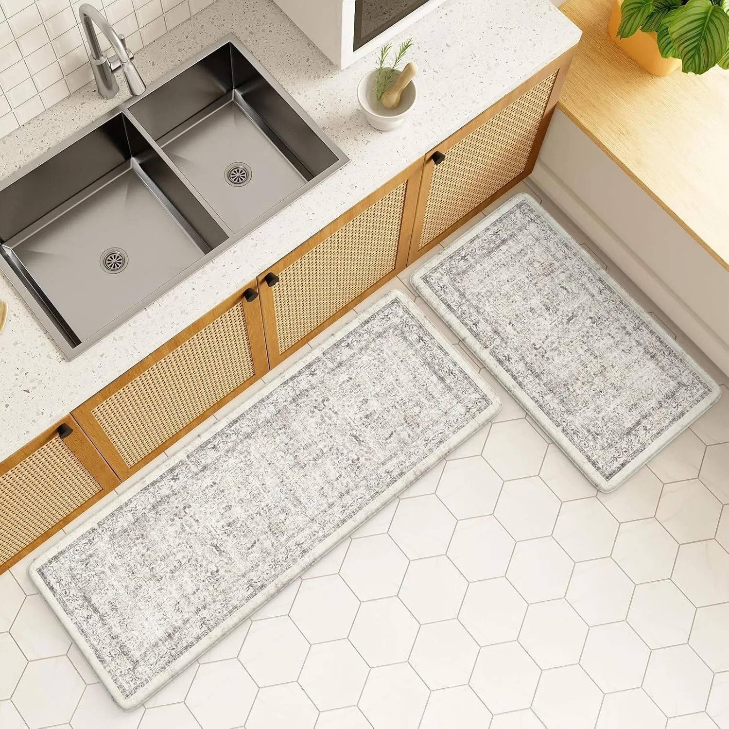 LEEVAN Kitchen Mats for Floor Non-Slip, Cushioned Anti Fatigue Mat 2 Piece, Light Grey Memory Foam Kitchen Mat Waterproof, Ergonomic Standing Mat for Bar, Office,Desk, Laundry