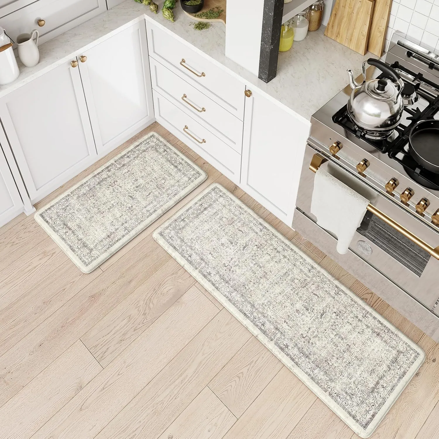 LEEVAN Kitchen Mats for Floor Non-Slip, Cushioned Anti Fatigue Mat 2 Piece, Light Grey Memory Foam Kitchen Mat Waterproof, Ergonomic Standing Mat for Bar, Office,Desk, Laundry