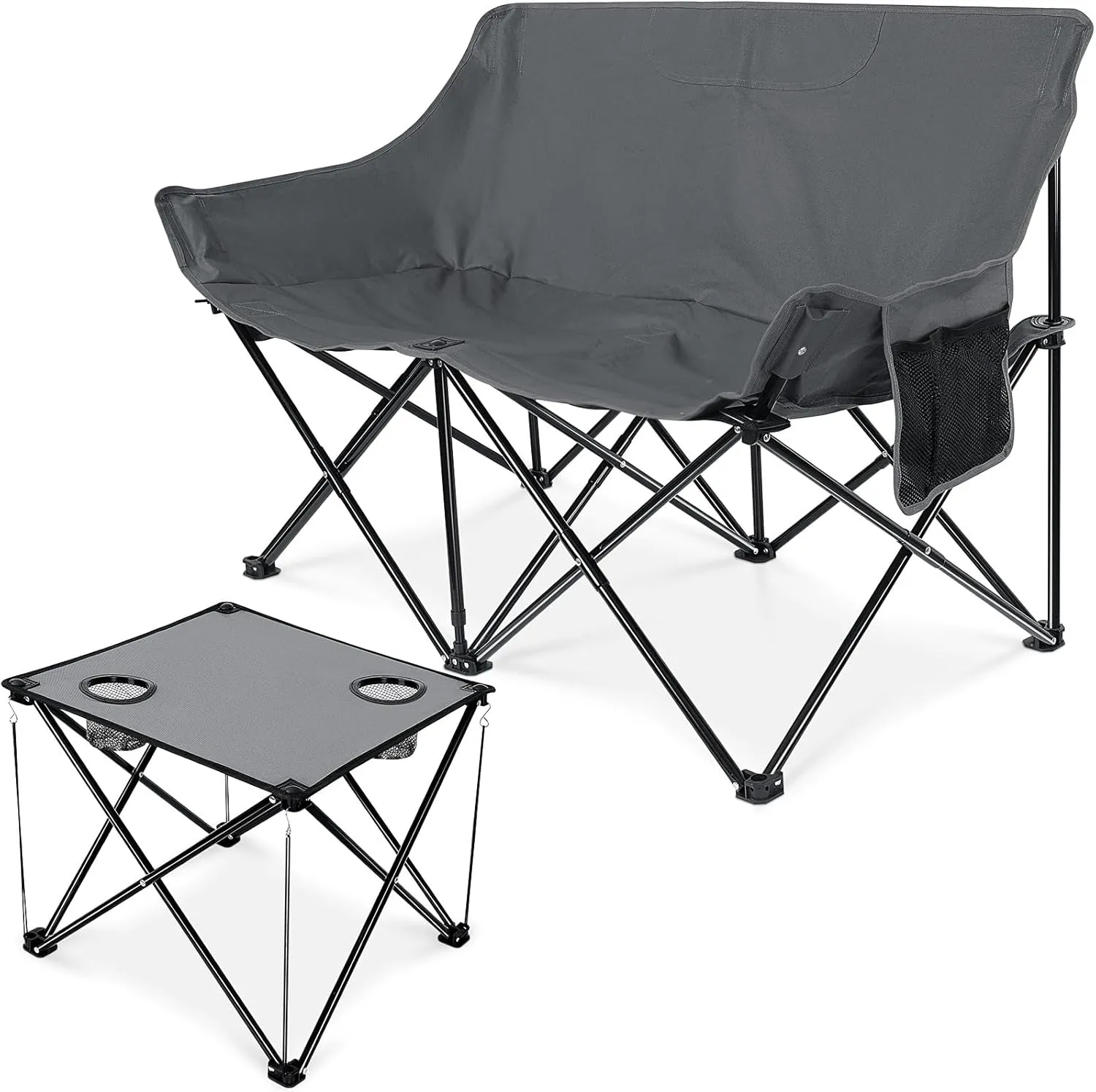 Leonyo Double Camping Chair, Oversized Collapsible Moon Loveseat Chair with Folding Camping Table for Lawn, Backyard, Sports, Grey