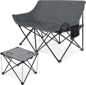 Leonyo Double Camping Chair, Oversized Collapsible Moon Loveseat Chair with Folding Camping Table for Lawn, Backyard, Sports, Grey