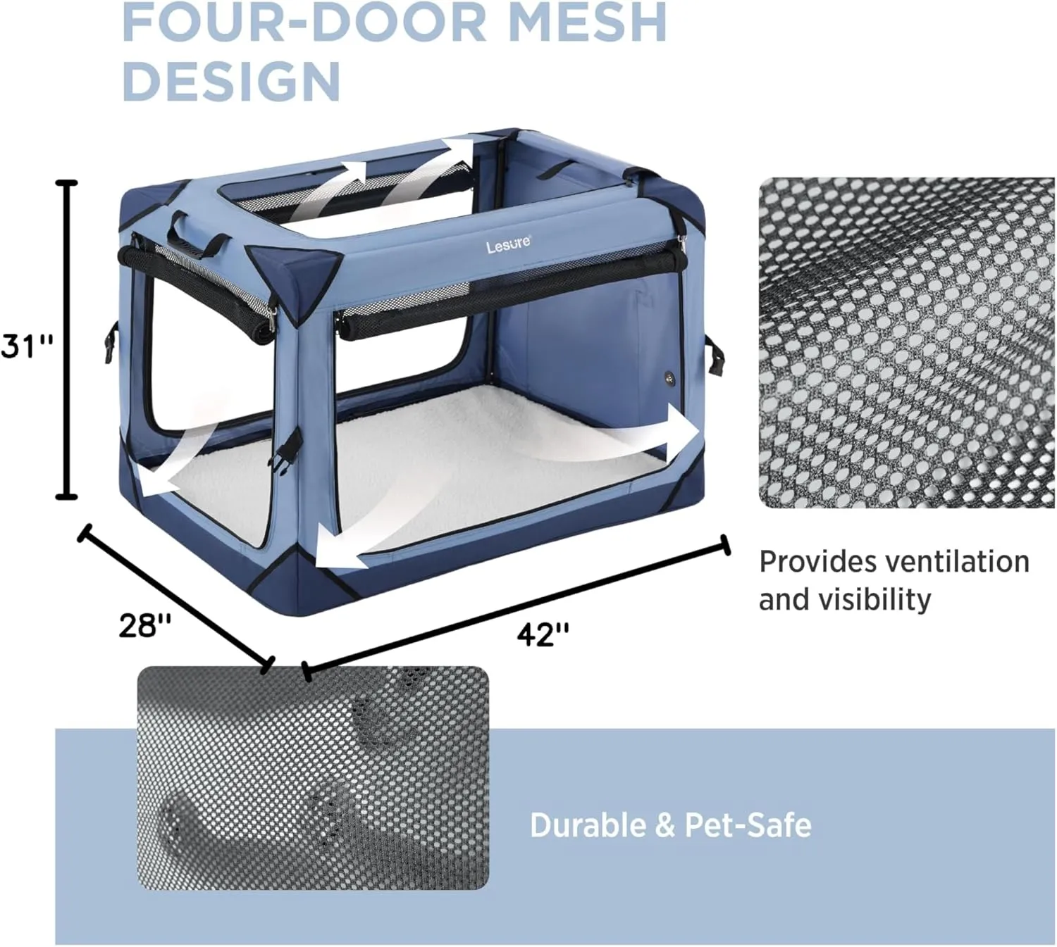 Lesure Collapsible Dog Crate - Portable Travel Kennel for Extra Large Dog, 4-Door Pet Crate with Durable Mesh Windows, Indoor & Outdoor, Blue