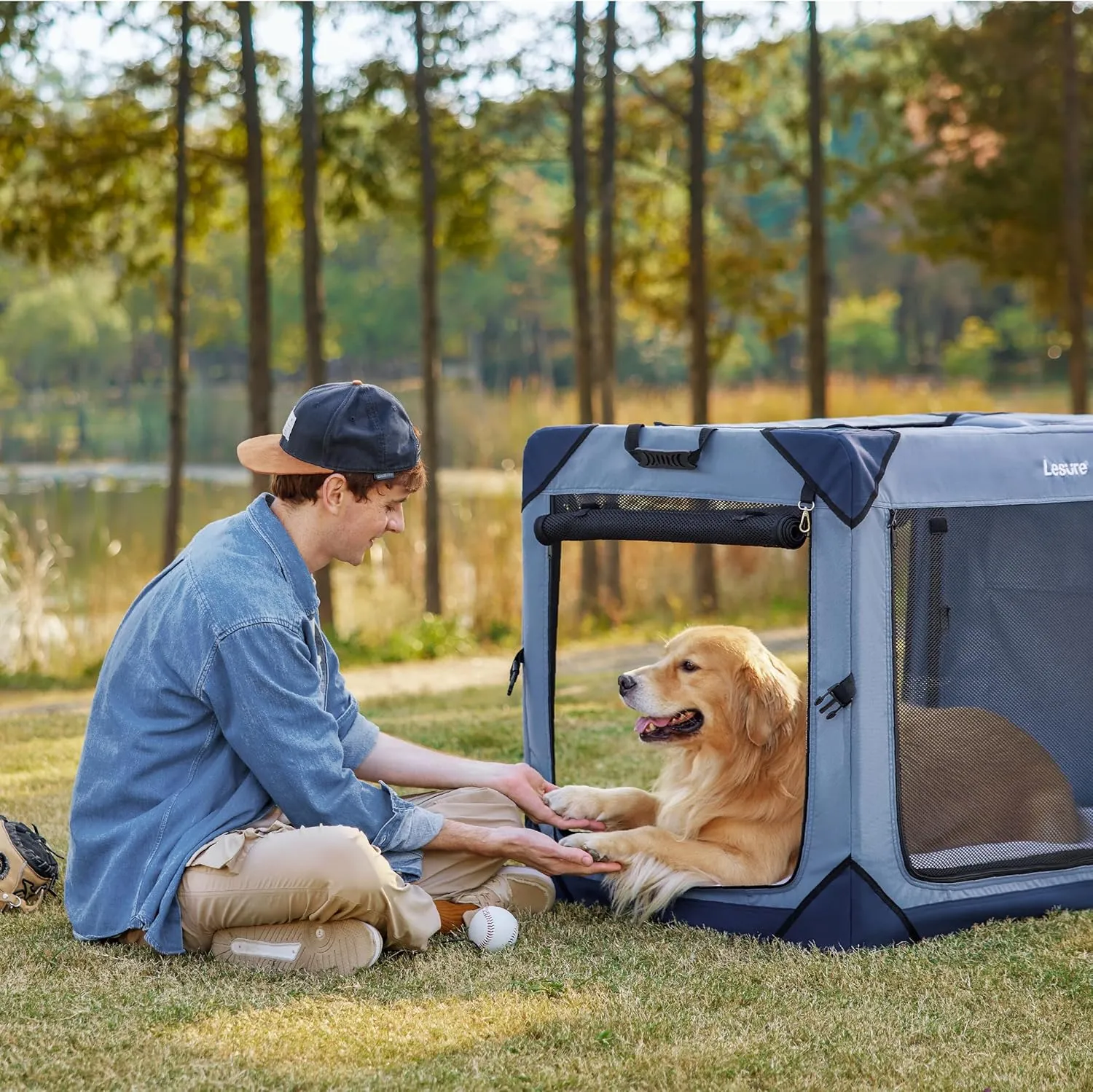 Lesure Collapsible Dog Crate - Portable Travel Kennel for Extra Large Dog, 4-Door Pet Crate with Durable Mesh Windows, Indoor & Outdoor, Blue