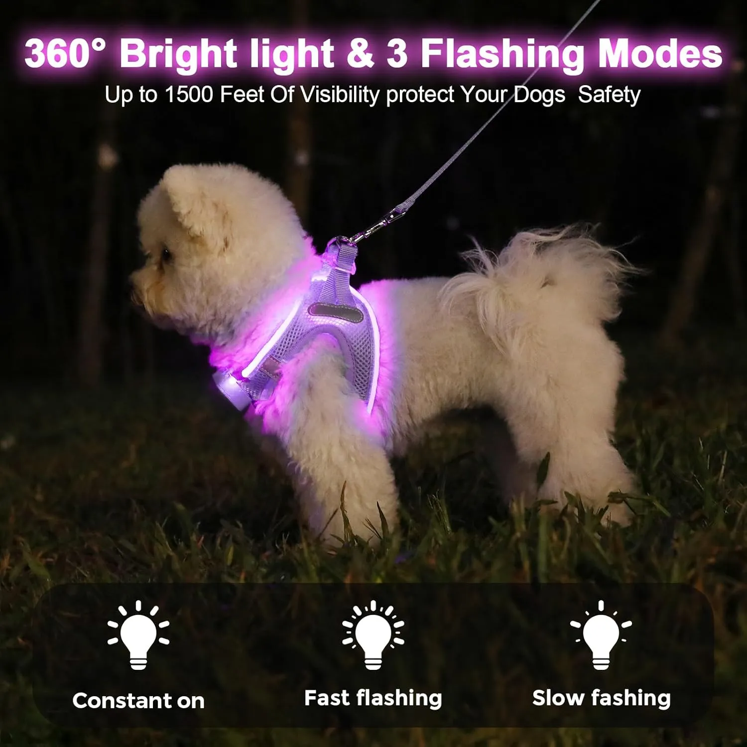Light Up Dog Harness,Rechargeable LED Dog Harness for Small Medium Large Dogs,Reflective Lighted Safety Vest for Night Walking & Camping,Lightweight & Adjustable,Lavender Purple,S