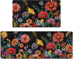 Likiyol Kitchen Mats for Floor [2 PCS] Anti-Fatigue Comfort Kitchen Rugs, Cushioned Waterproof Non-Slip Kitchen Decor Mat Thick, Floral Standing Floor Mats for Home/Office, 18''x30'' 18''x48''(Black)