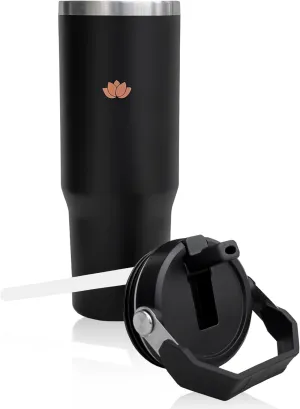 LILY 30 Oz Tumbler with Handle and Straw, Travel Mug with Straw Lid, Stainless Steel Double Wall Mug and Insulated Water Bottle, Leak-Proof Coffee Cup for Office and Beverages (Black)