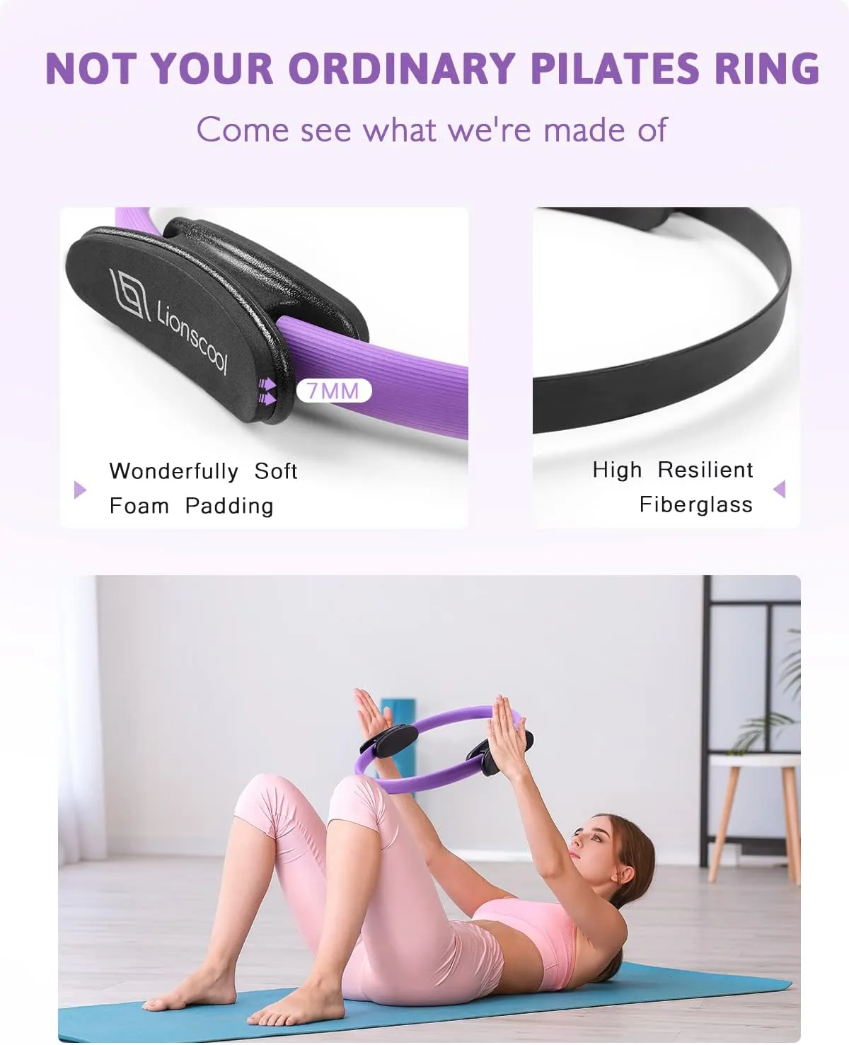 LIONSCOOL Pilates Ring Set – 14" Anti-Deformation Magic Circle with Padded Handles, Mini Ball, Resistance Bands, Guide & Bag