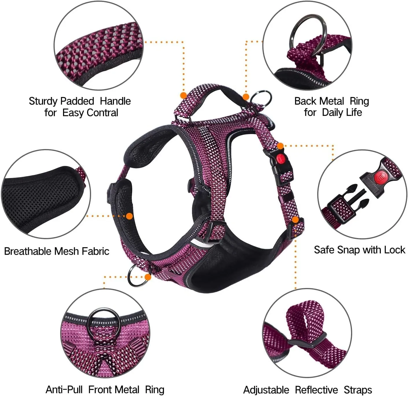 LOS ANDES Full Reflective Dog Harness Adjustable Harness No Pull Pet Harness with Front Clip, Soft Padded Dog Vest with Handle, Easy Control Dog Harnesses for Small Medium Large Dogs, Purple, L