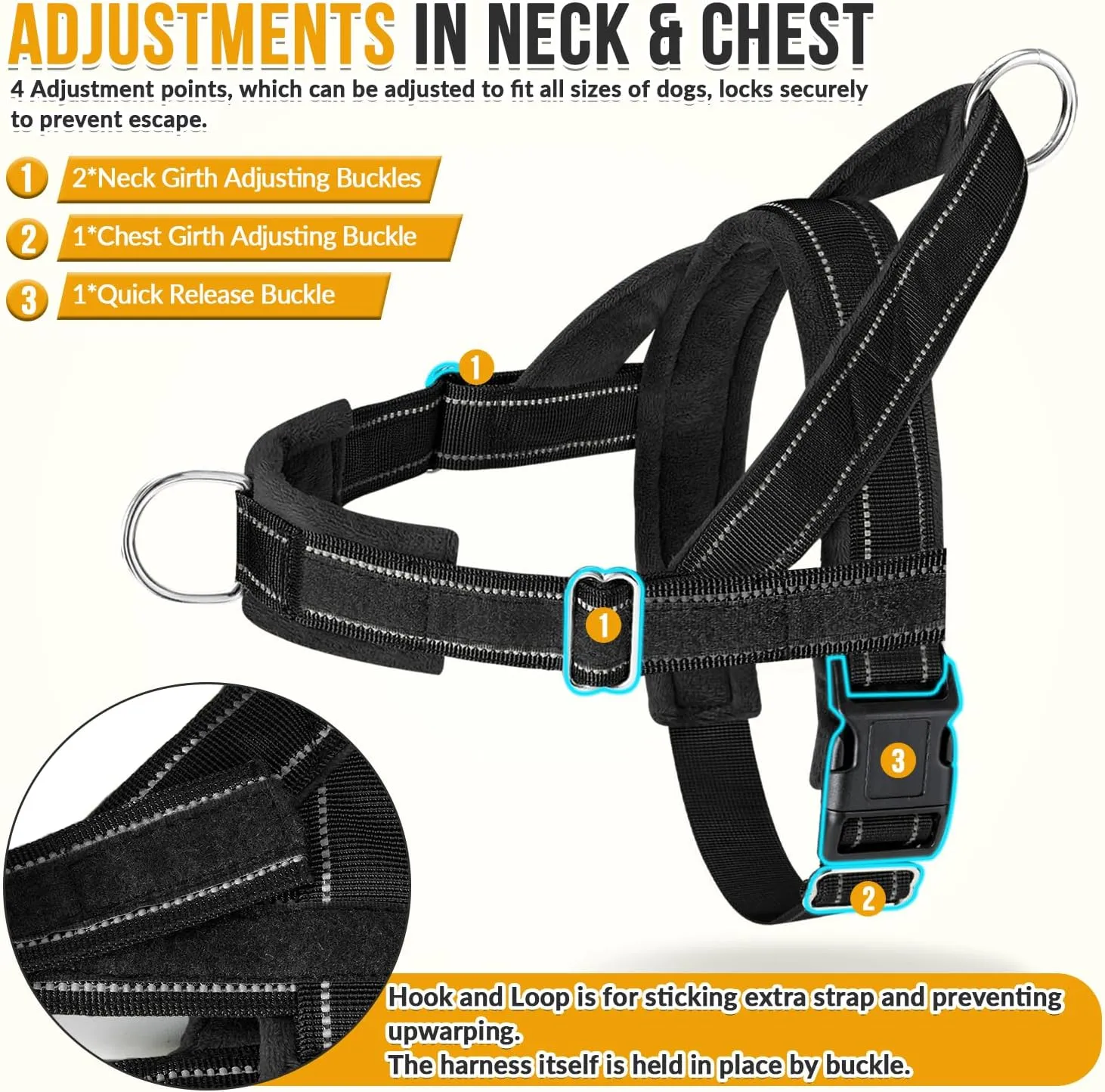 Lukovee No Pull Dog Harness & Leash Set - Heavy Duty Dog Vest Harness with Soft Padded for Medium Large Dogs, Adjustable Reflective Tactical Pet Harness for Easy Walk and Training (L, Black)