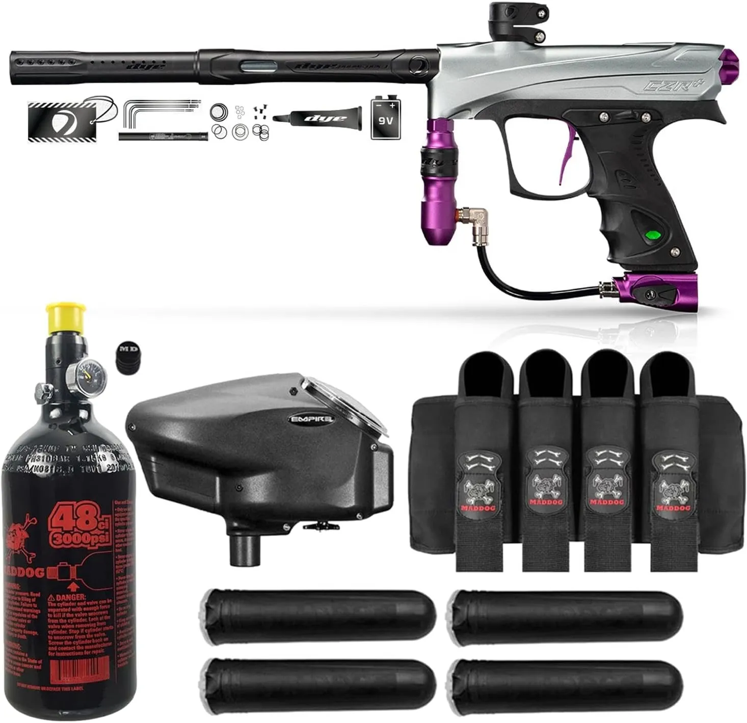 Maddog DYE CZR  Full Auto Electronic Paintball Gun Marker Advanced Starter Package | HPA Tank, Empire Halo Too Loader, Paintball Harness & Pods