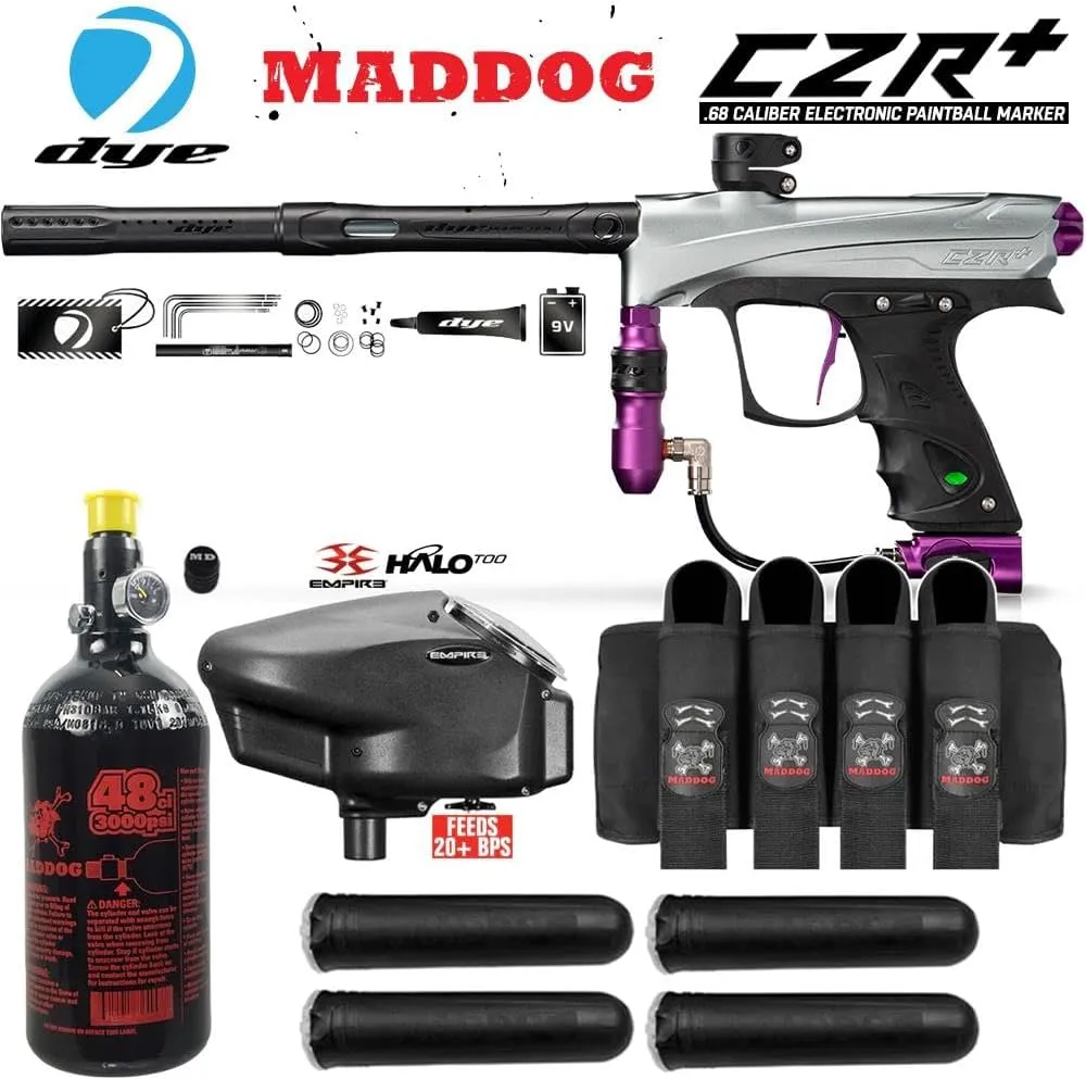Maddog DYE CZR  Full Auto Electronic Paintball Gun Marker Advanced Starter Package | HPA Tank, Empire Halo Too Loader, Paintball Harness & Pods