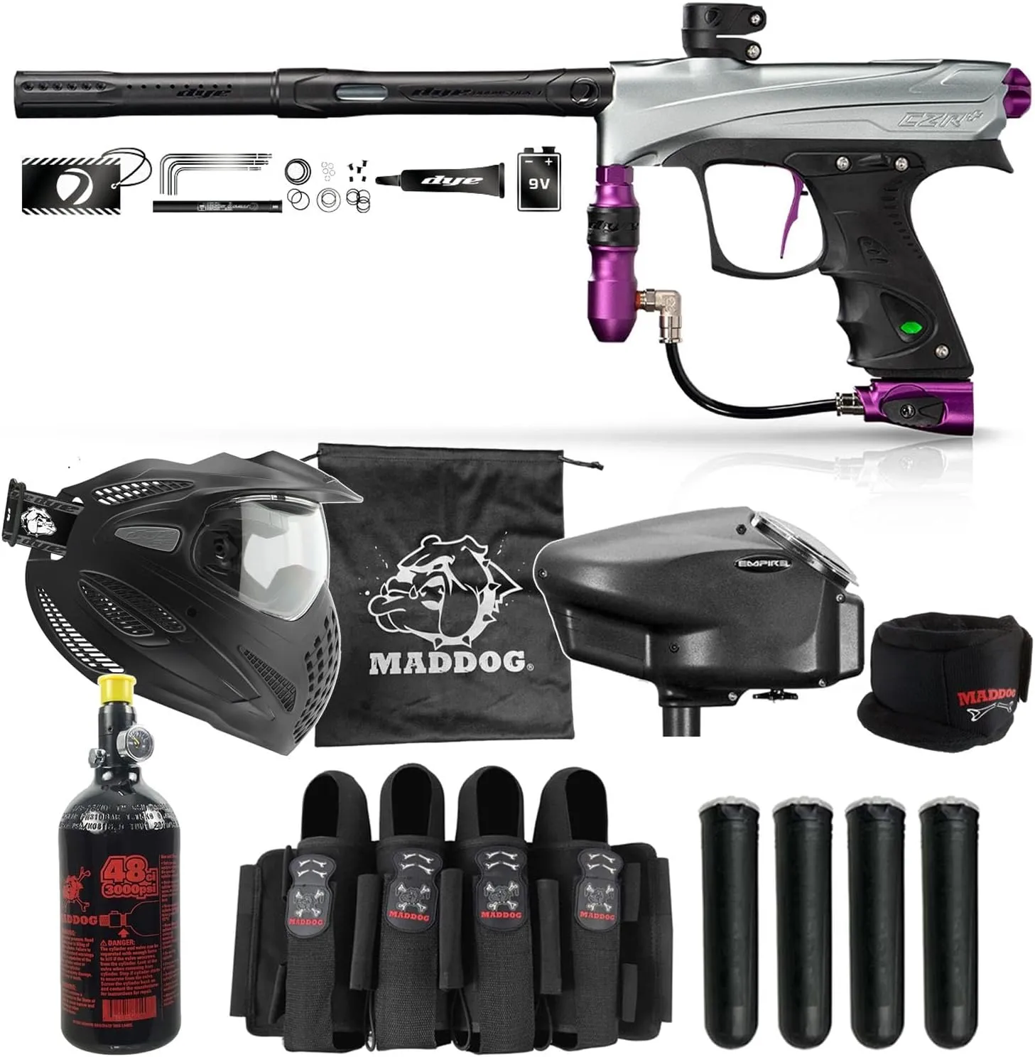 Maddog DYE CZR  Full Auto Electronic Paintball Gun Marker Elite Starter Package | Thermal Anti-Fog Paintball Mask, HPA Tank, Empire Halo Too Loader, Neck Protector, Pro Paintball Harness & Pods