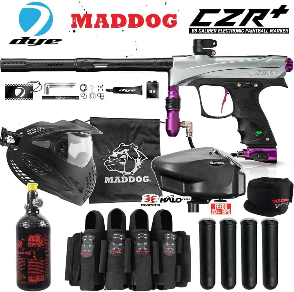 Maddog DYE CZR  Full Auto Electronic Paintball Gun Marker Elite Starter Package | Thermal Anti-Fog Paintball Mask, HPA Tank, Empire Halo Too Loader, Neck Protector, Pro Paintball Harness & Pods