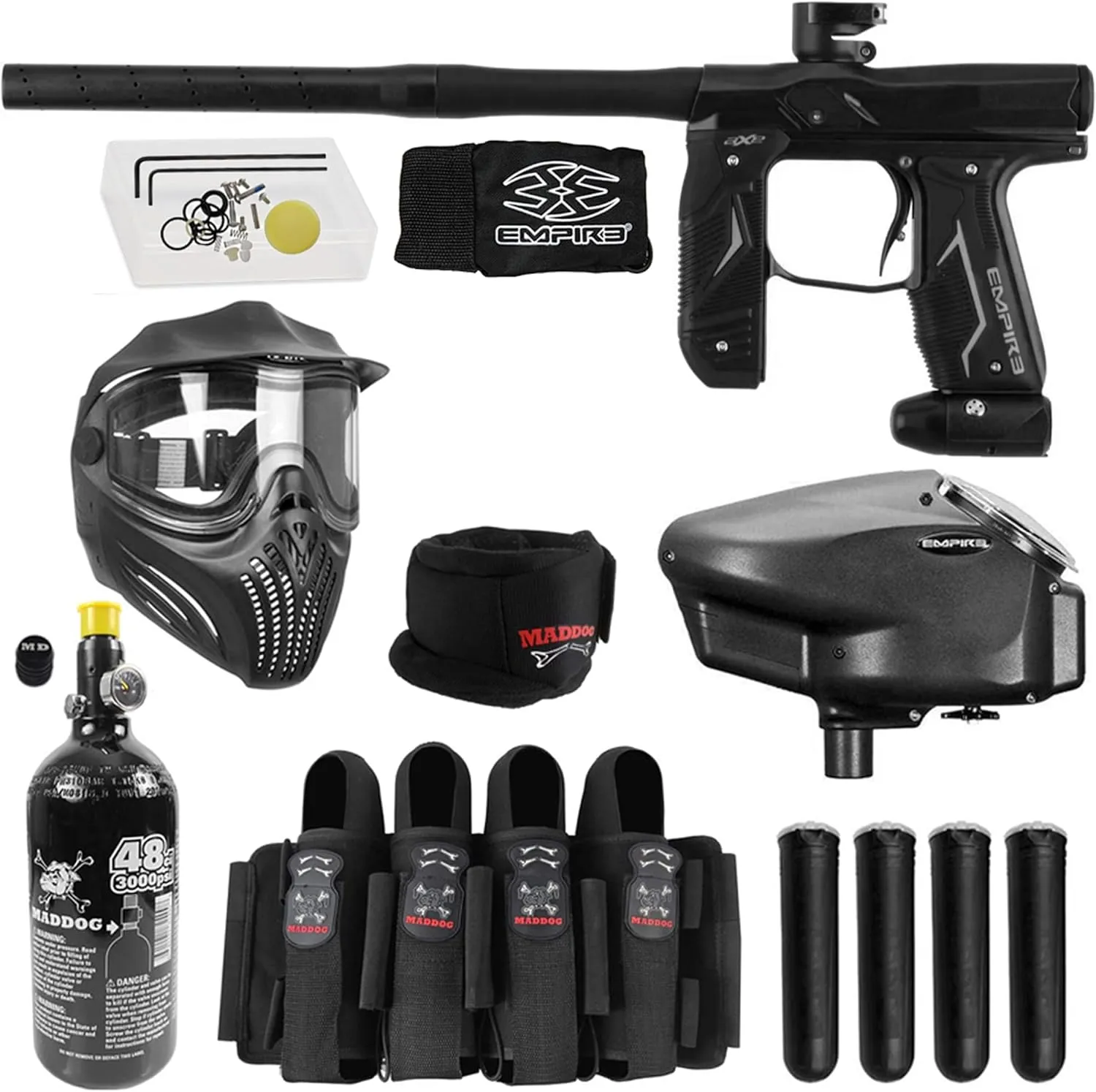 Maddog Empire Axe 2.0 Electronic Full Auto Paintball Gun Starter Kit | HPA Paintball Tank, Electronic Paintball Loader, Thermal Mask, Neck Protector, Harness & Pods