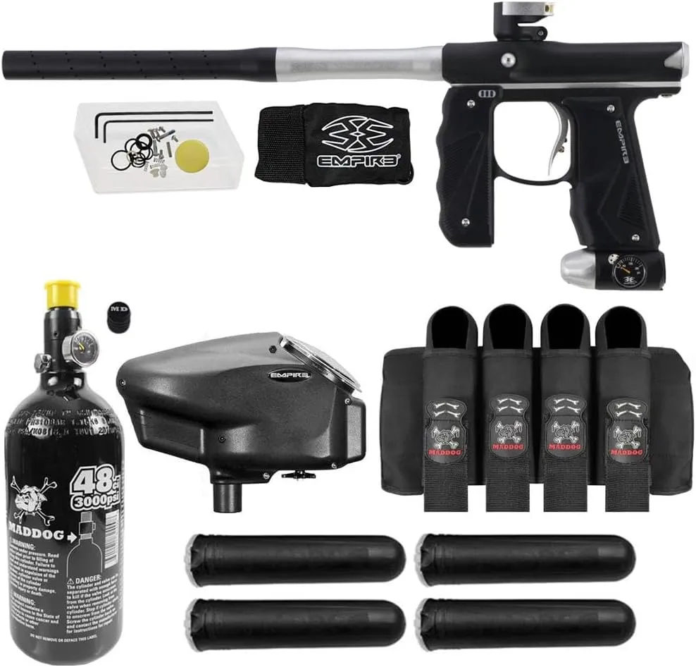 Maddog Empire Mini GS Electronic Full Auto Paintball Gun Marker w/ 48/3000 HPA Paintball Tank, Empire Halo Too Electronic Loader, 4-Pod Harness & (4) Pods Starter Package