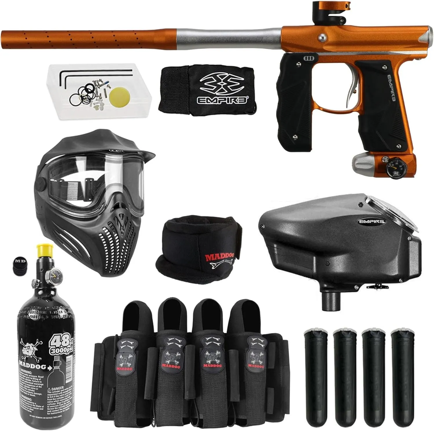 Maddog Empire Mini GS Full Auto Paintball Gun Marker w/HPA Tank, Empire Halo Too Loader, Thermal Anti-Fog Paintball Mask Goggle, Neck Protector, 4 3 Harness & (4) Pods Starter Package