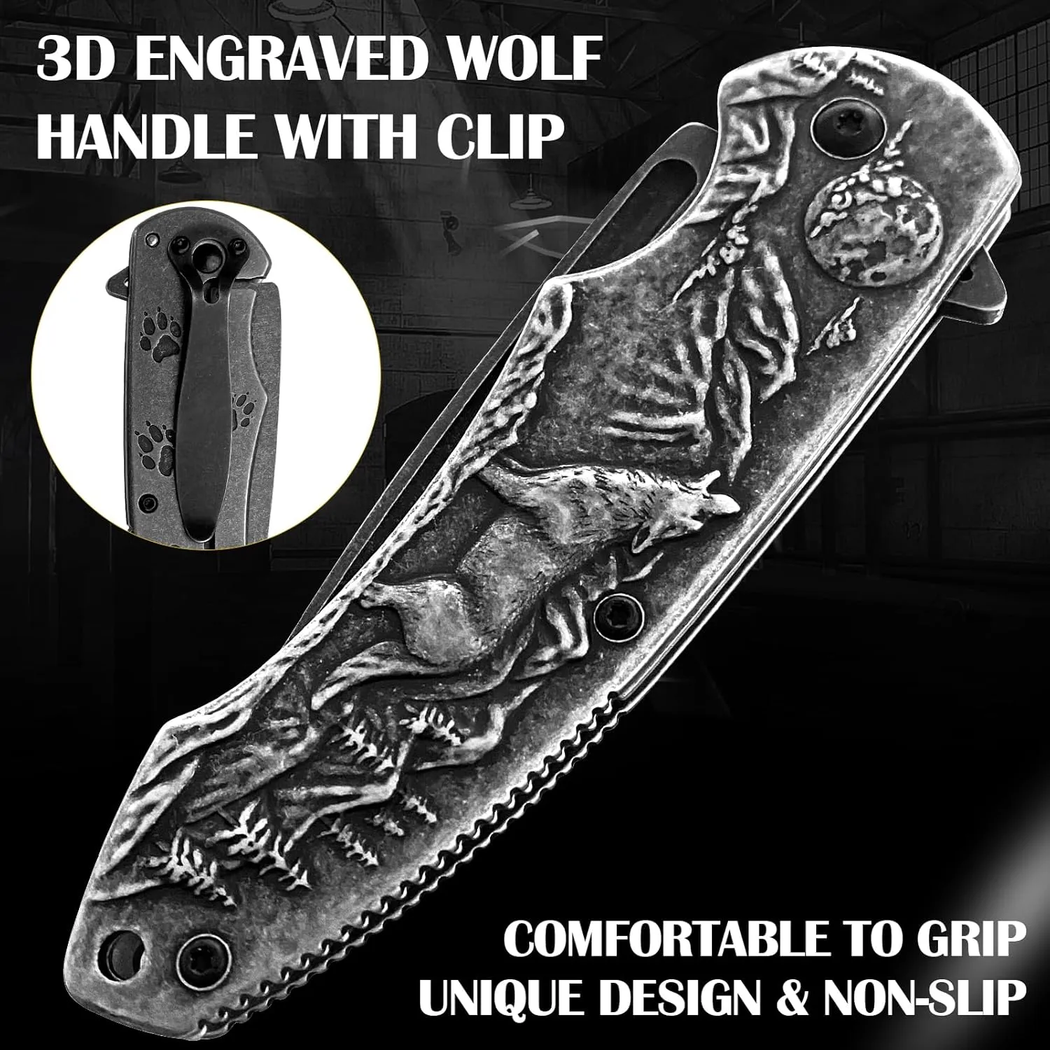 MADSABRE Wolf Pattern Folding Pocket Knife, Stone Washed Steel Handle Liner Lock with Clip Outdoor Camping Hunting EDC Tool